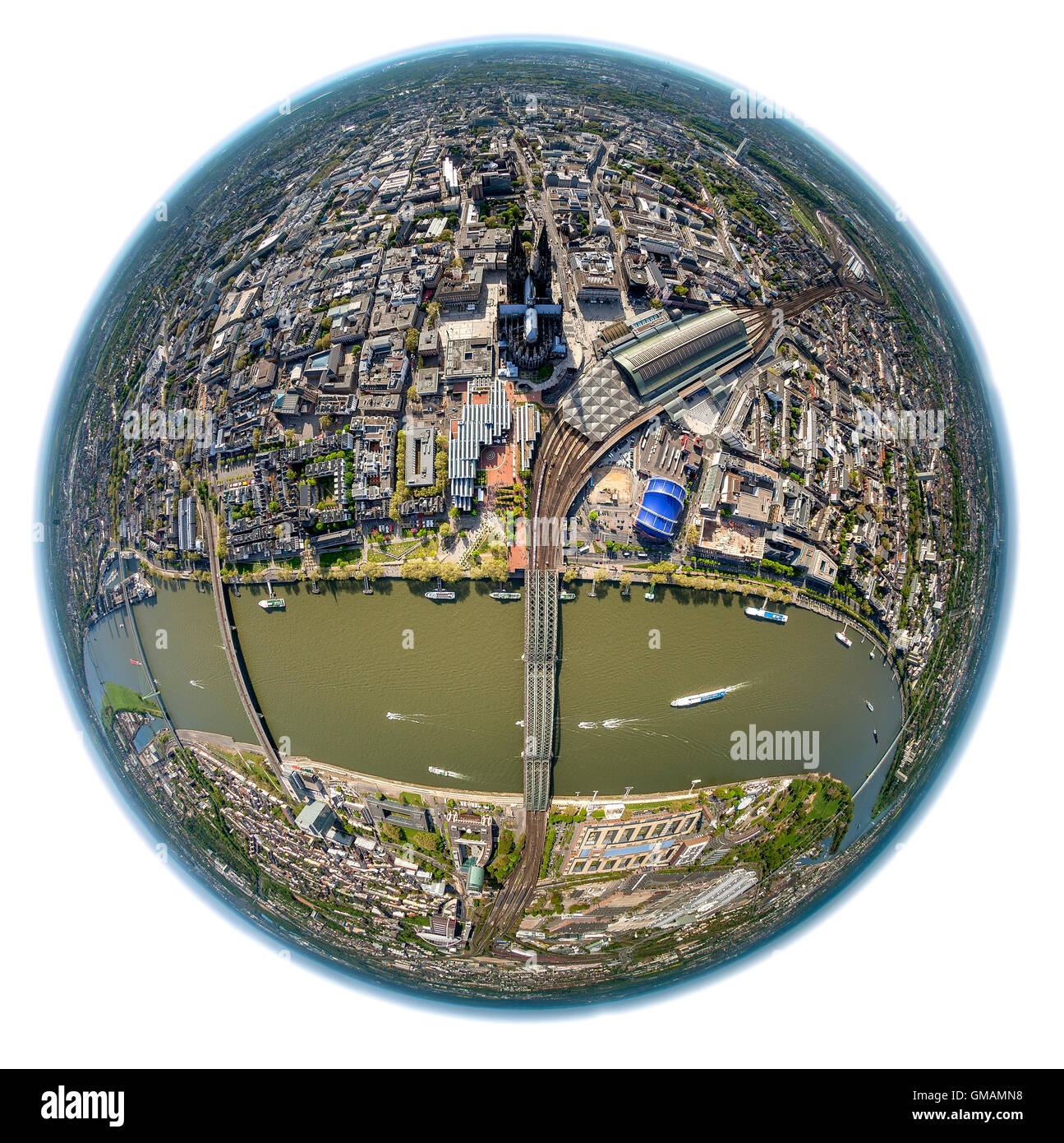 Aerial view, fisheye image of Cologne with Rhine, Messe Köln Philharmonie Cologne, Museum Ludwig, Cologne Cathedral, Cologne Stock Photo