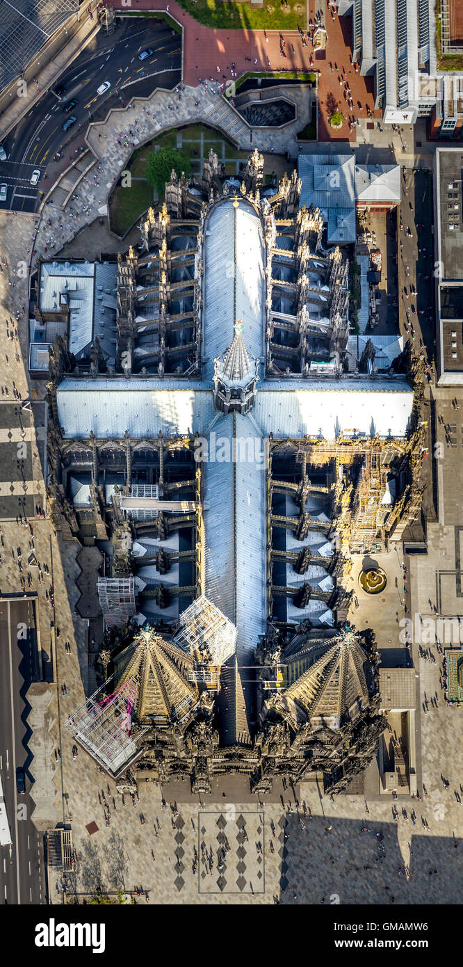 Aerial view, perpendicular recording of the Cologne Cathedral with dome, cross, Cologne, Rhineland, North Rhine-Westphalia Stock Photo