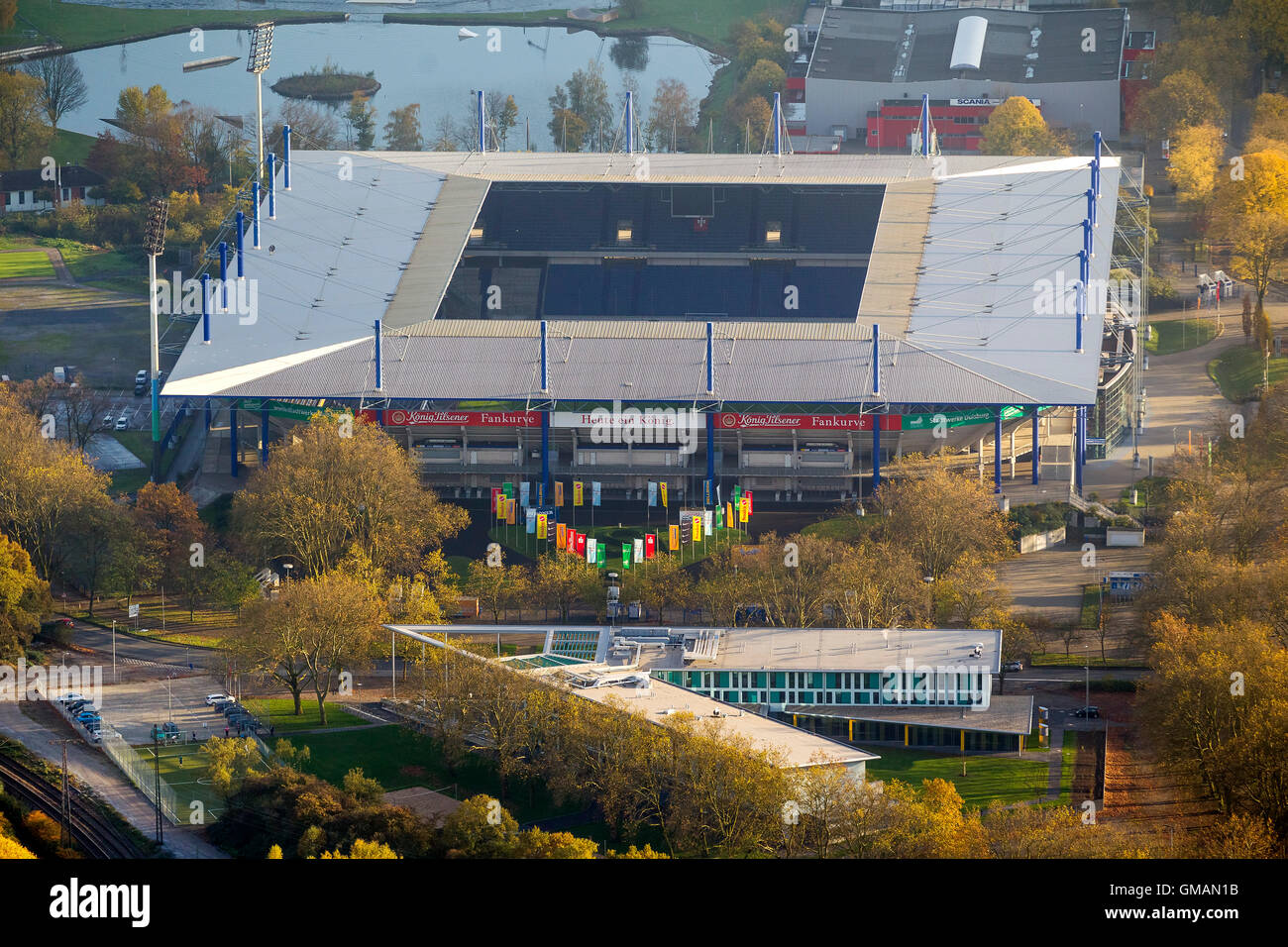 areal, MSV Arena, Wedau Stadium, Aerial view of Duisburg, Ruhr area, northrhine-westphalia, Germany Europe aerial view birds-eye Stock Photo