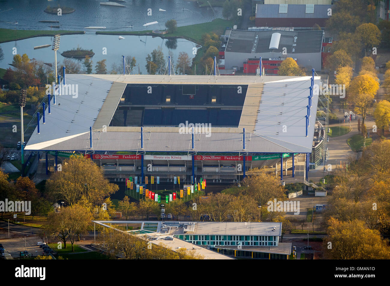 areal, MSV Arena, Wedau Stadium, Aerial view of Duisburg, Ruhr area, northrhine-westphalia, Germany Europe aerial view birds-eye Stock Photo