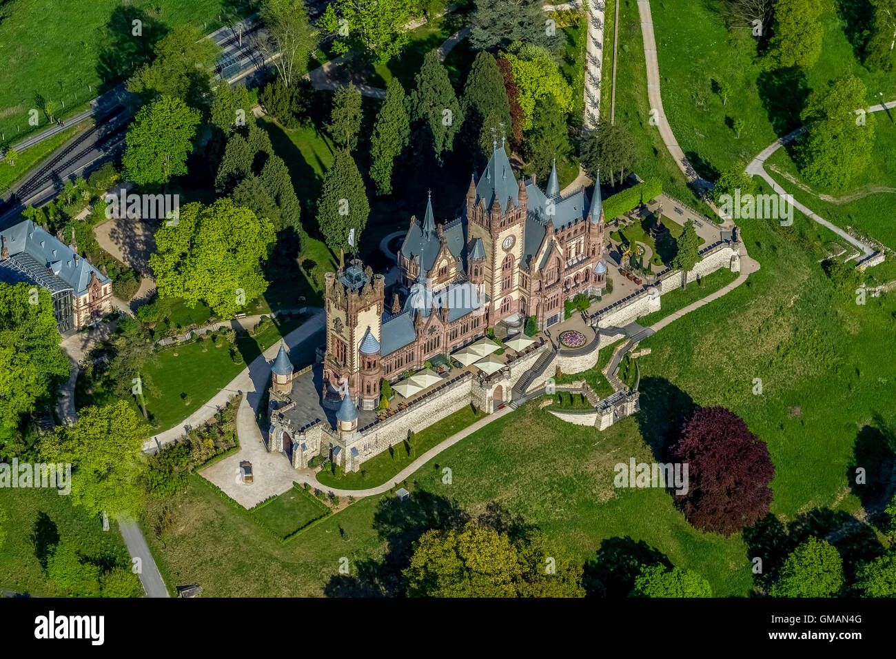 Aerial view, castle Schloss Drachenburg, North Rhine-Westphalia Foundation nature, local history and culture care, Rhine Valley, Stock Photo