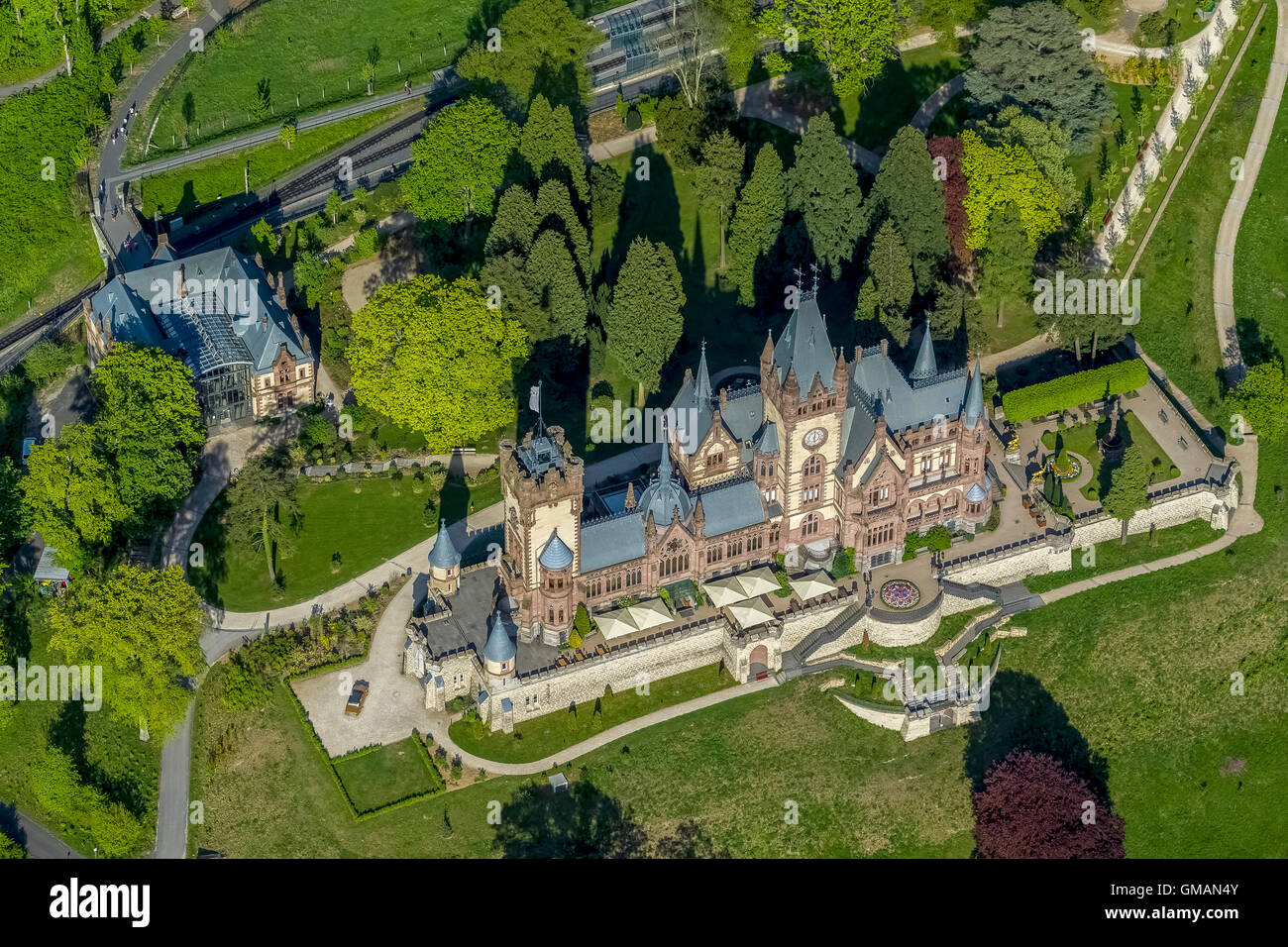 Aerial view, castle Schloss Drachenburg, North Rhine-Westphalia Foundation nature, local history and culture care, Rhine Valley, Stock Photo