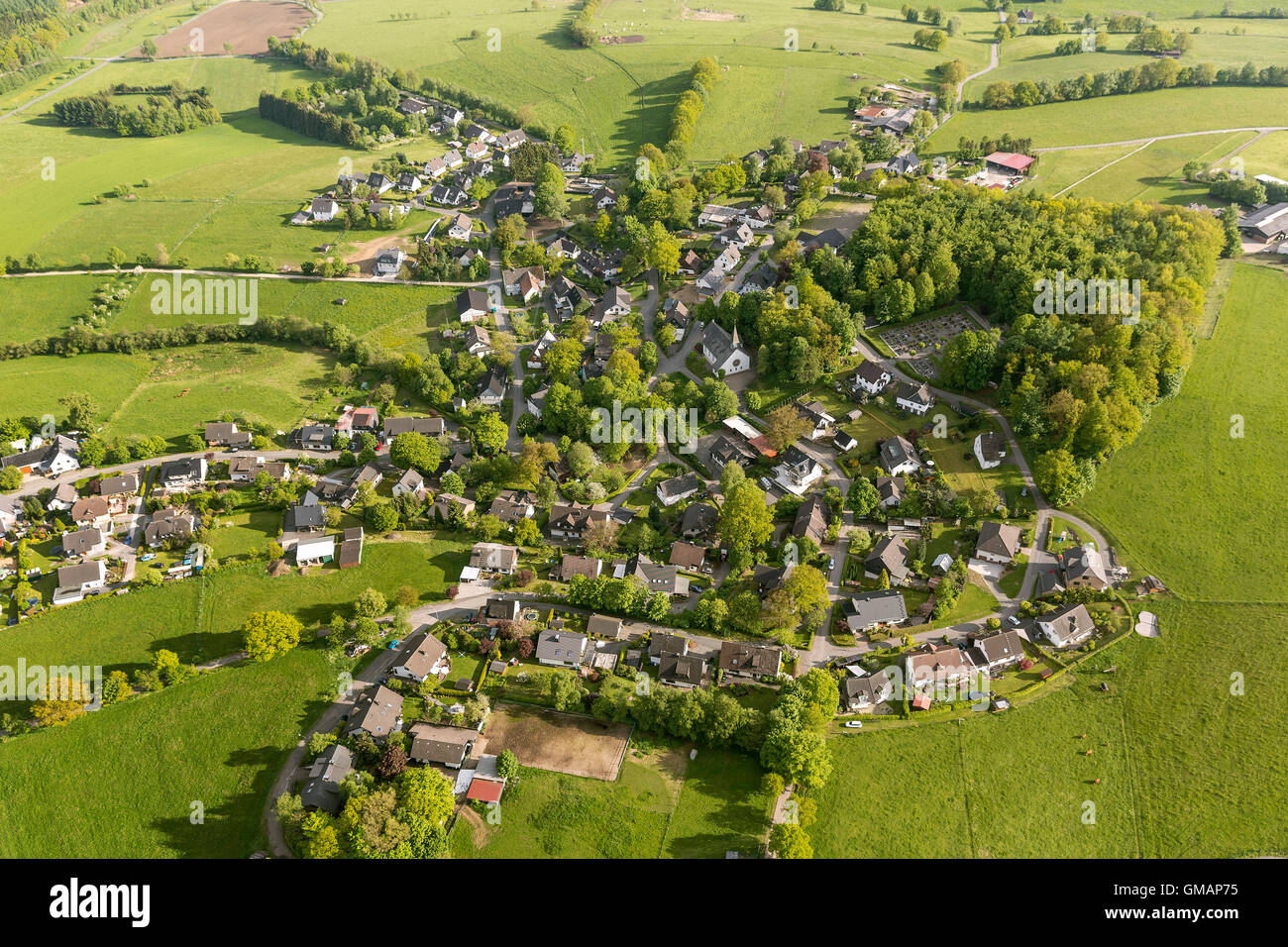 Aerial view, possible Gold village Wenden-Heid, Antoniuskirche Heid, Contact, Aerial view of Wenden, North Rhine Westphalia, Stock Photo