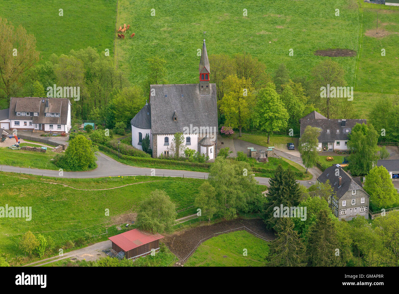 Aerial view, Wemlighausen with church, Bad Berleburg, Aerial view of Wittgenstein, Bad Berleburg
