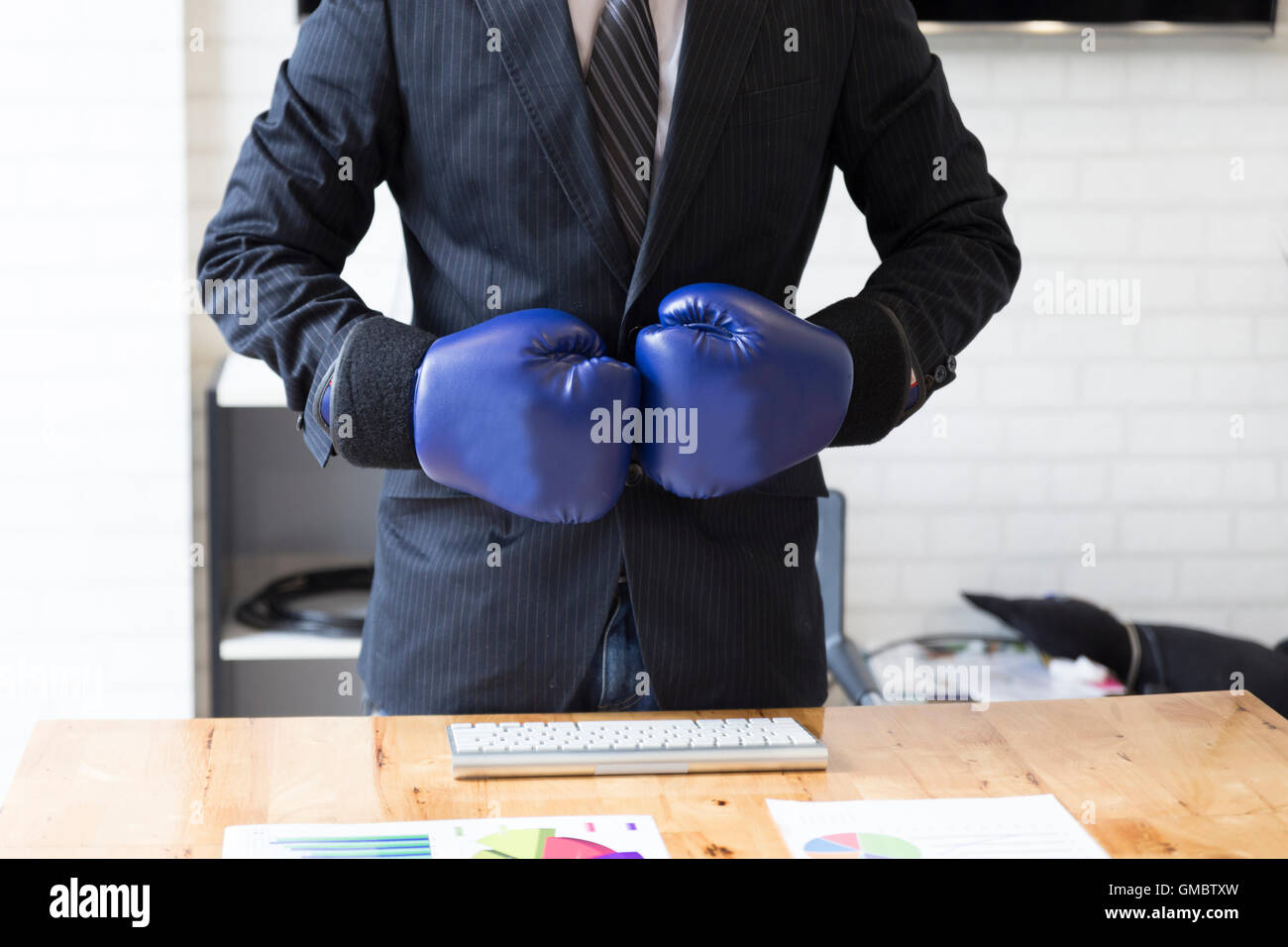 businessman in necktie and suit with blue boxing gloves - business competition concept Stock Photo