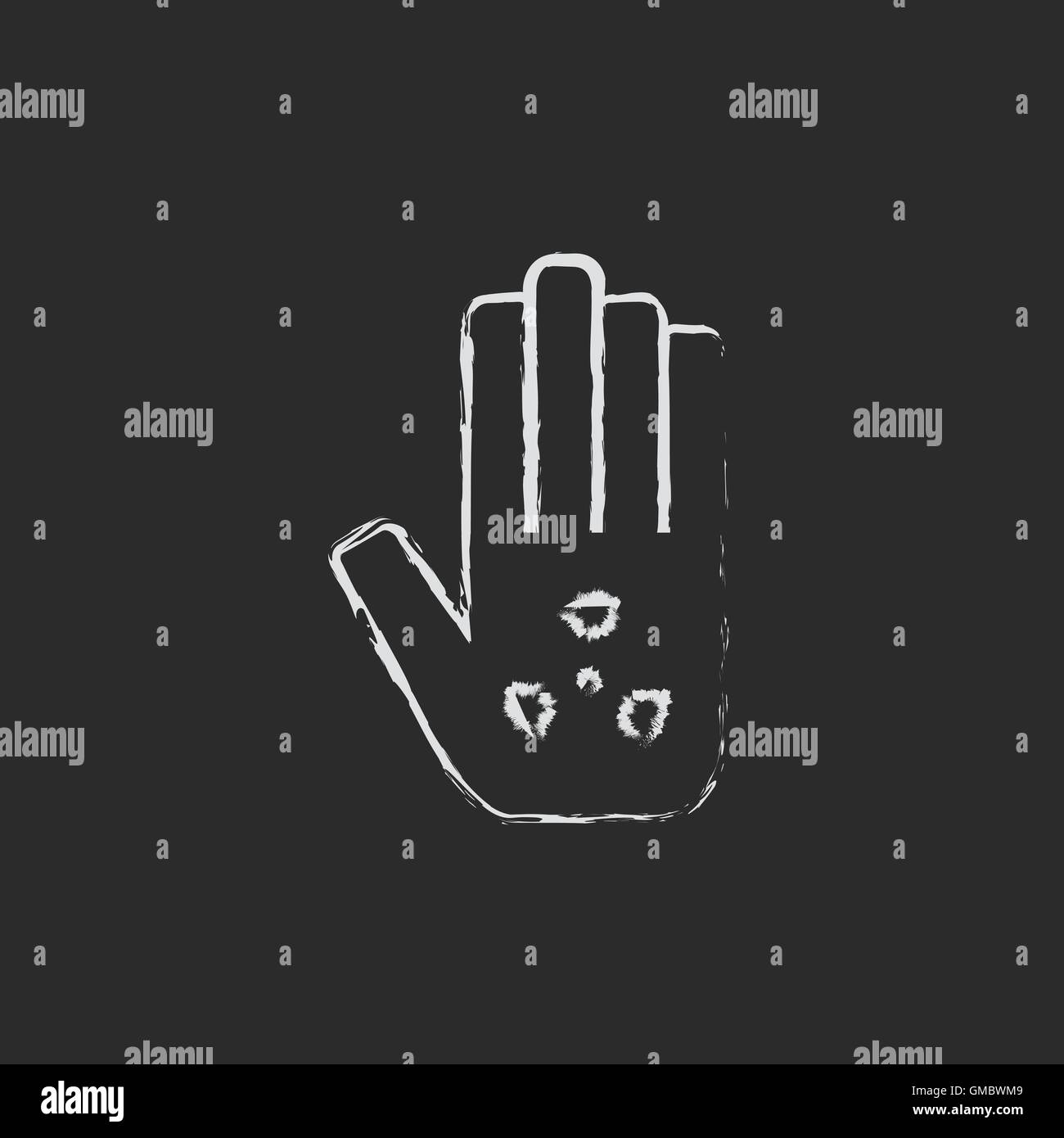 Ionizing radiation sign on a palm icon drawn in chalk. Stock Vector
