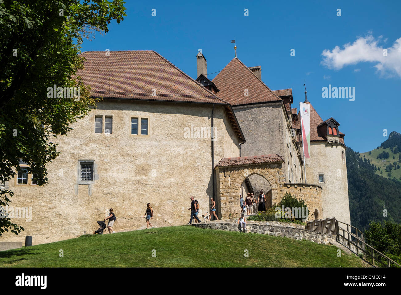 Switzerland, canton Fribourg, Gruyeres, old town, local castle Stock Photo