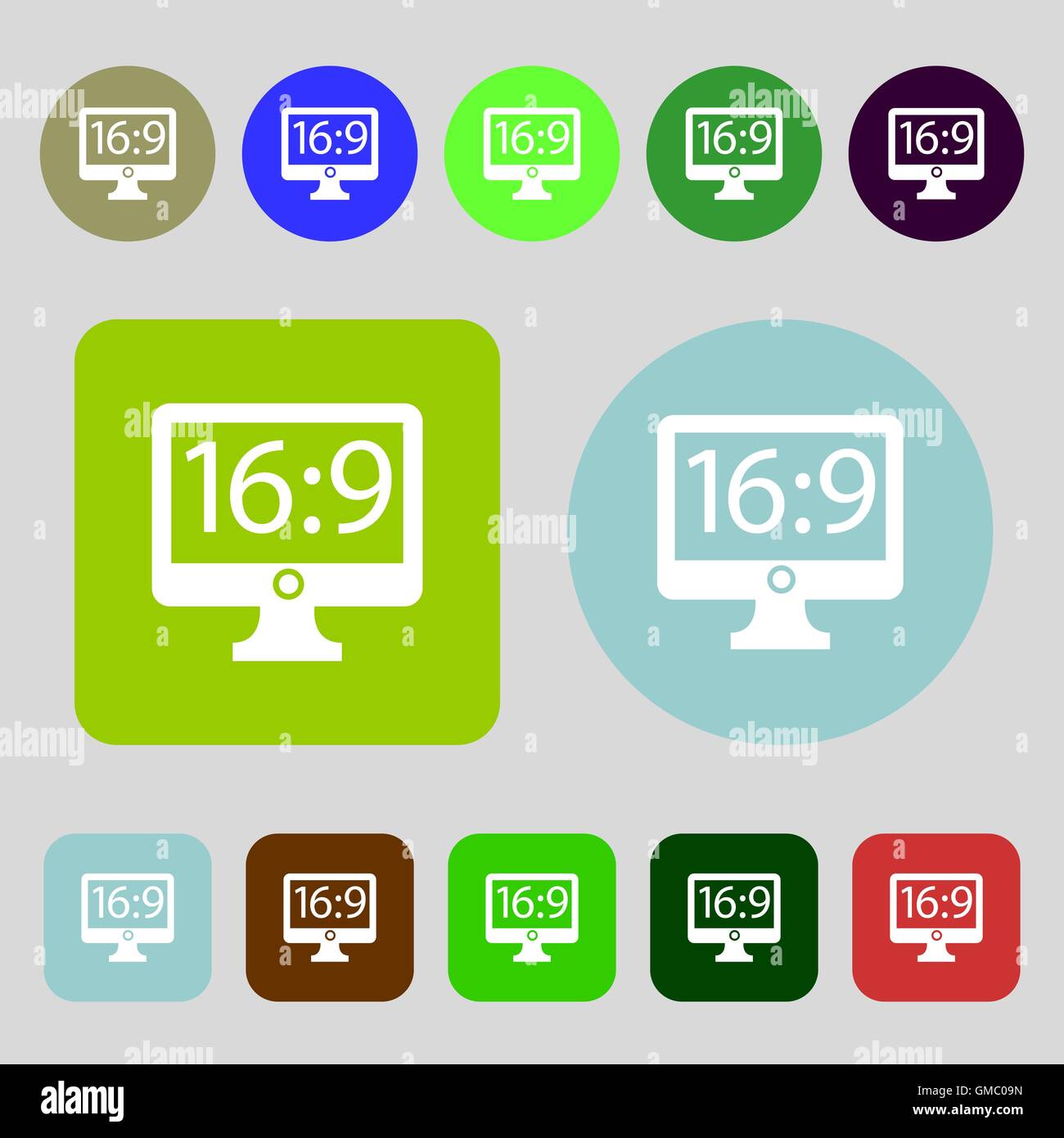Aspect ratio 16 9 widescreen tv icon sign. 12 colored buttons. Flat ...