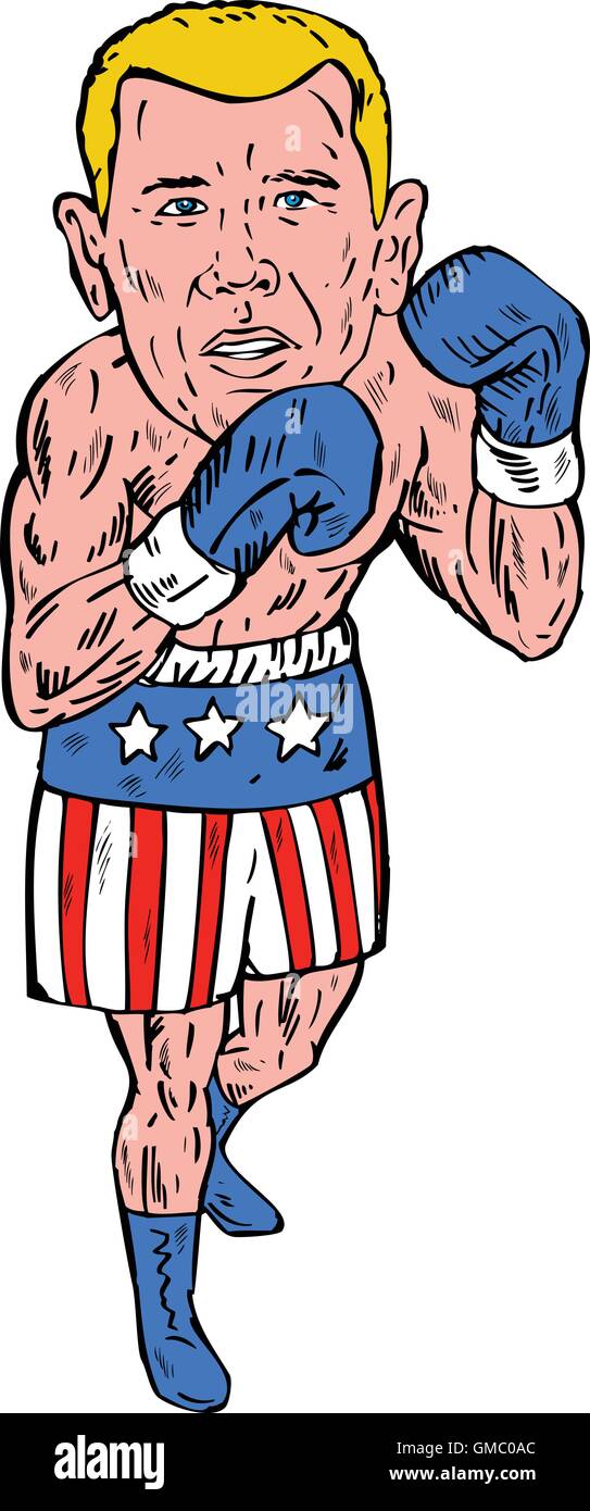 Boxer Pose USA Flag Etching Stock Vector
