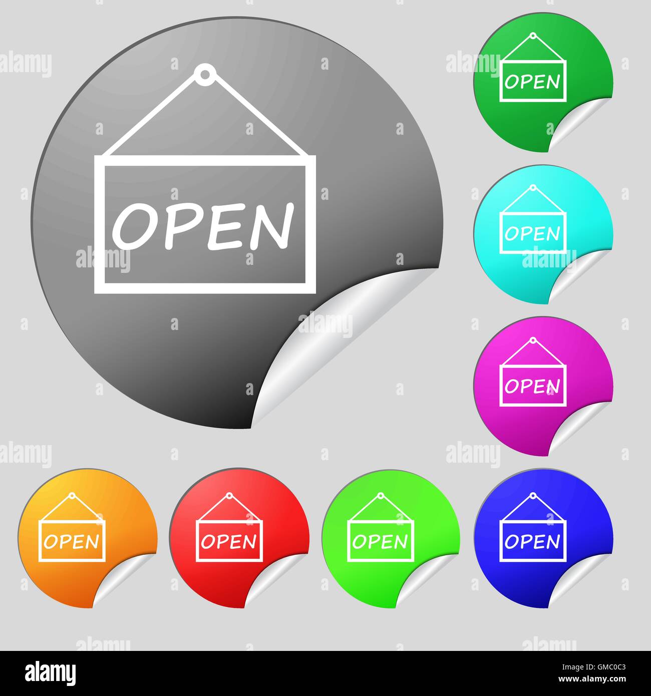 open icon sign. Set of eight multi colored round buttons, stickers ...
