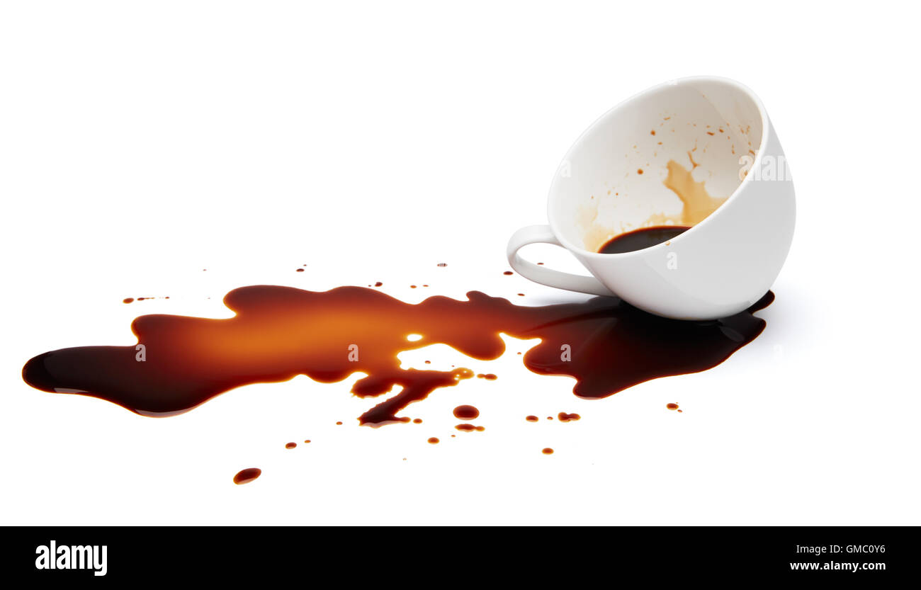 cup of black coffee spilling causing stained Stock Photo