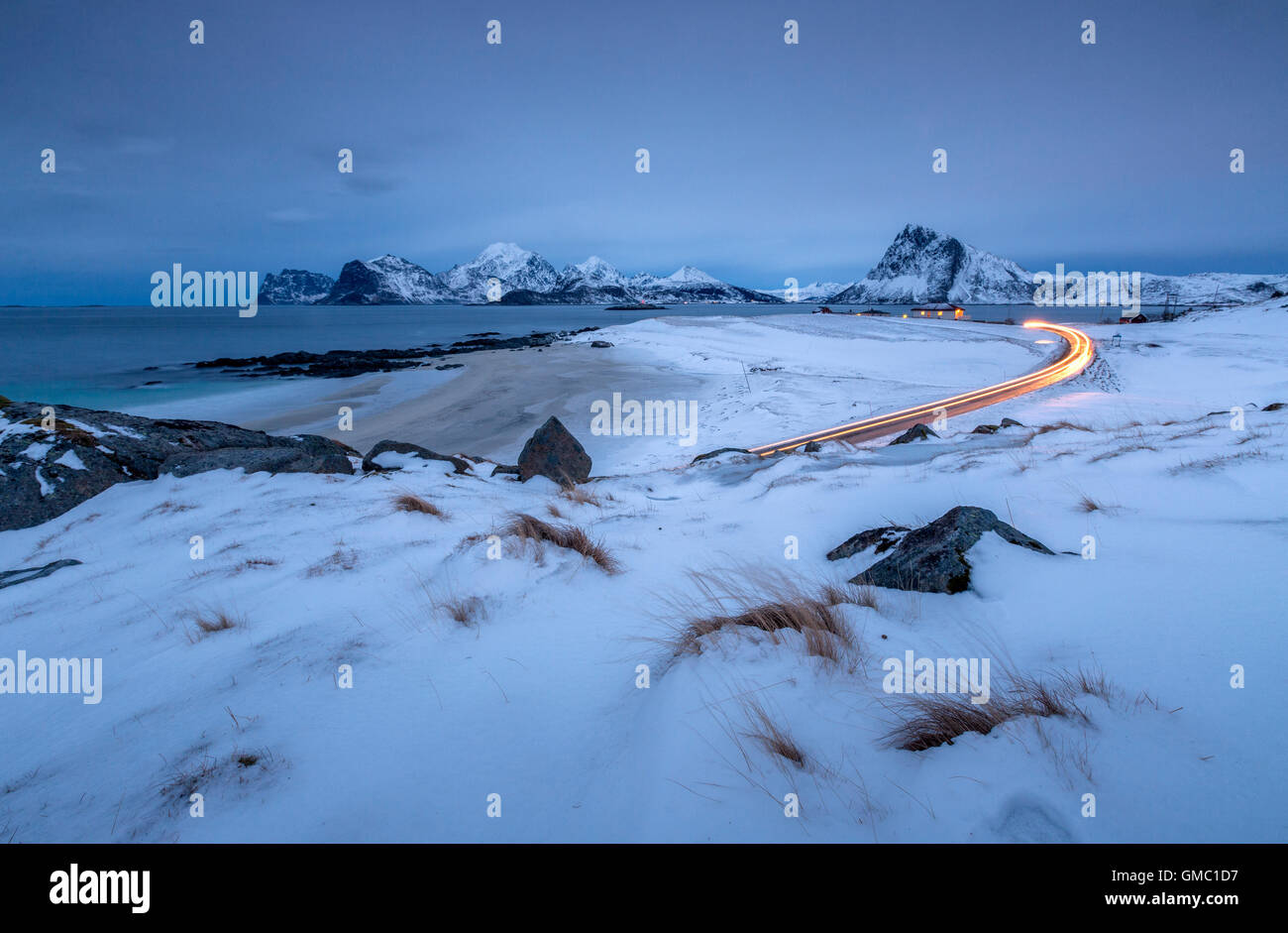 Road Lights In The Snowy Landscape Of Myrland Lofoten Islands Northern Road Lights In The Snowy Landscape Of Myrland Lofoten Islands Northern