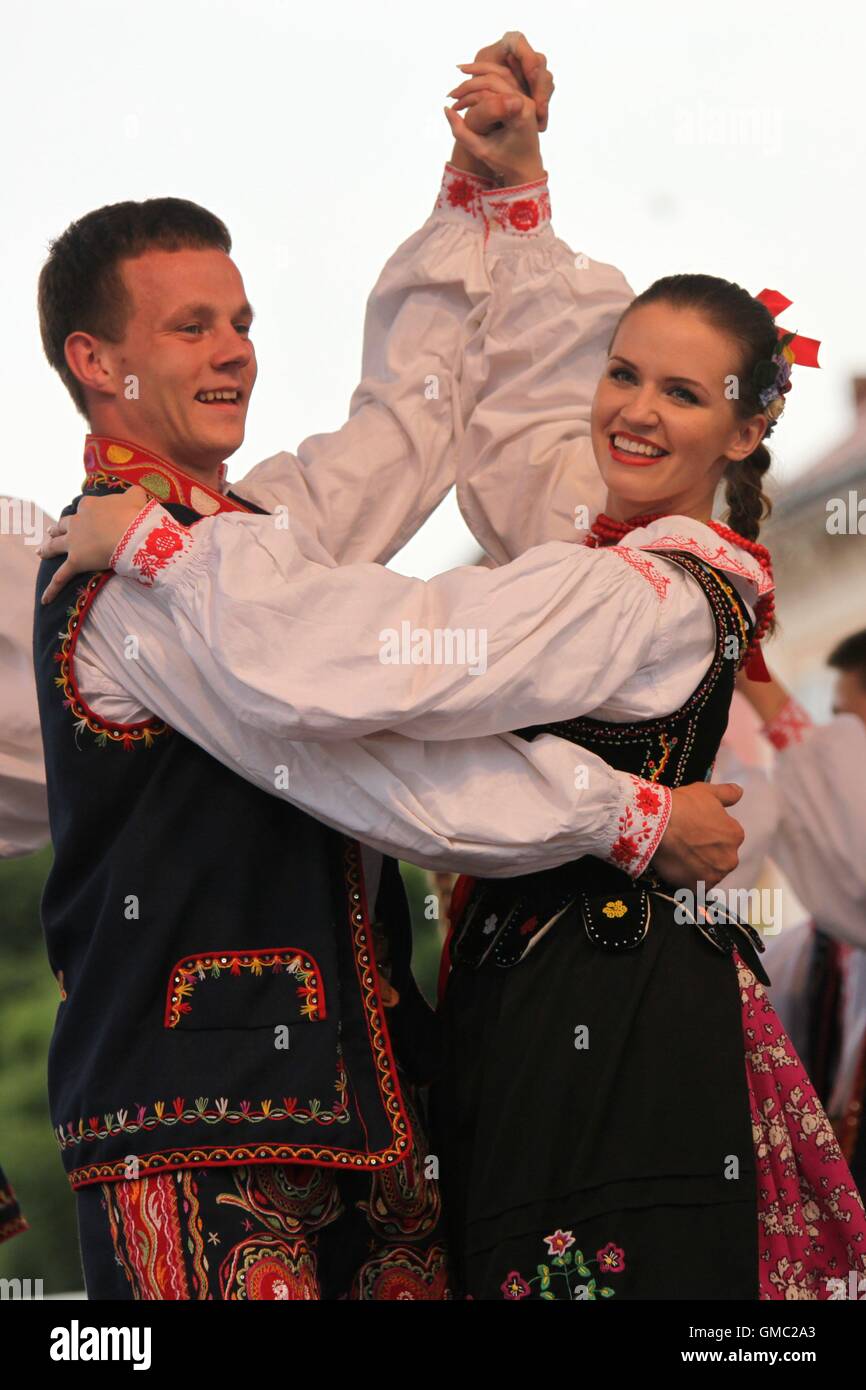 Couple from Polish folklore ensemble LESZCZYNIACY from Swidnik (Lublin Province) dancing at Cassovia Folkfest, Kosice, Slovakia. Stock Photo