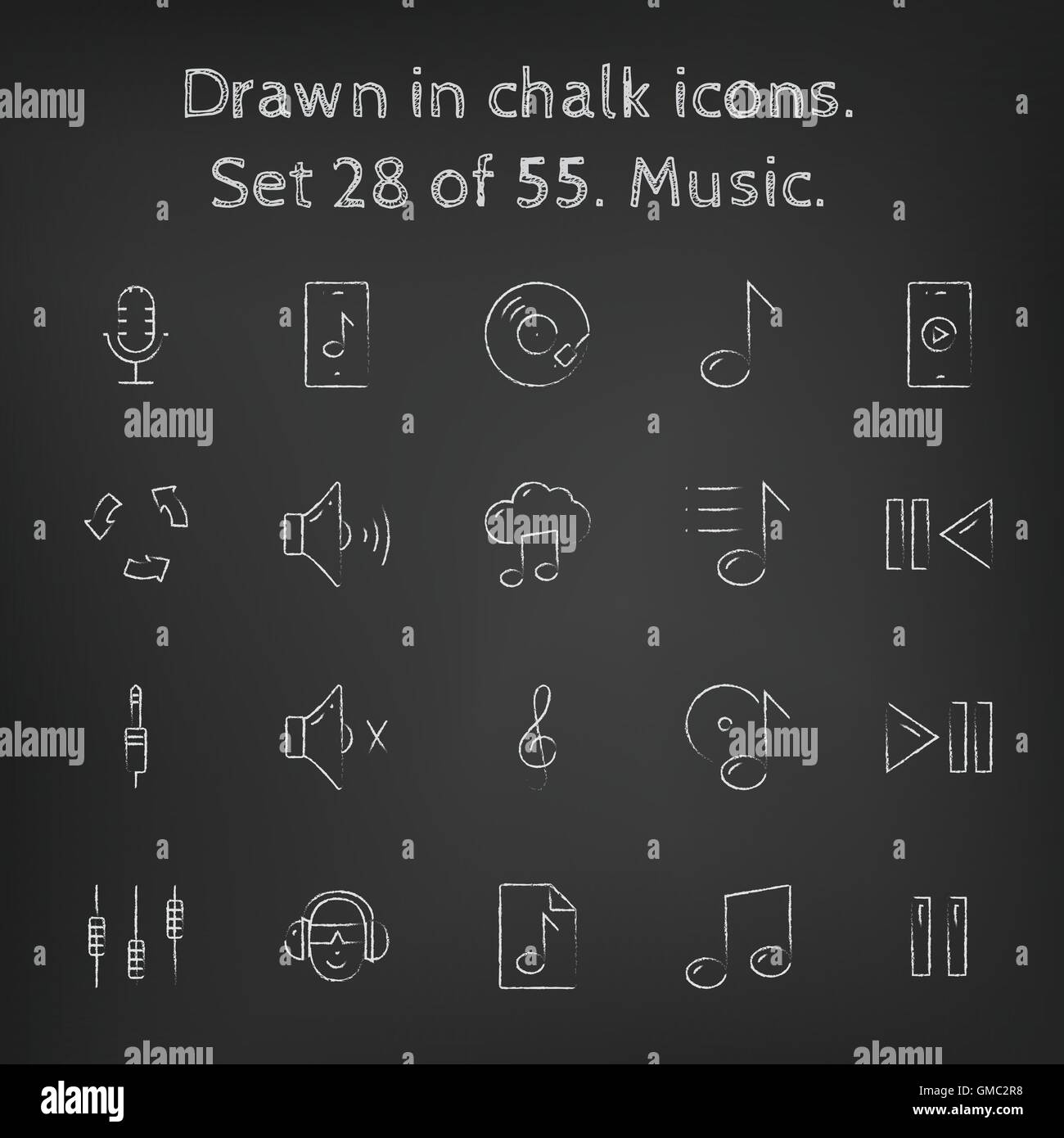 Music icon set drawn in chalk. Stock Vector