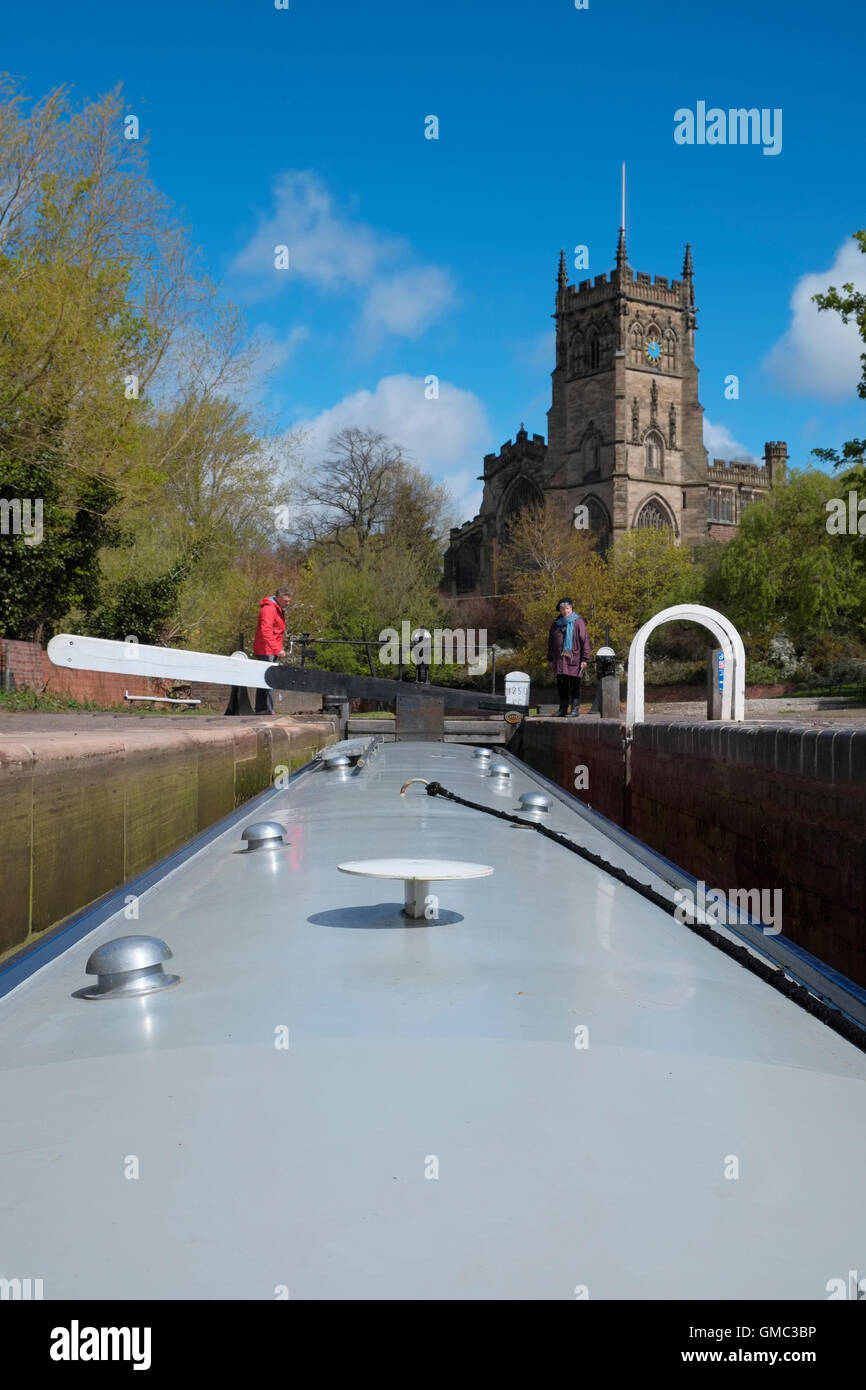 A narrowboat in Kidderminster Lock on the Staffordshire and Worcestershire Canal. Kidderminster, Worcestershire, England. Stock Photo