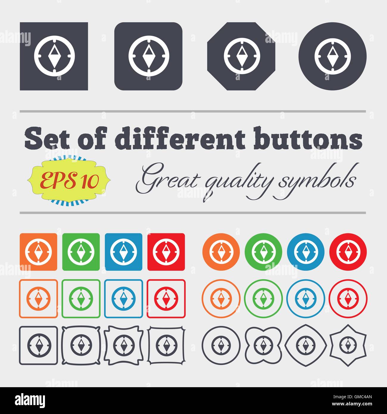 Compass sign icon. Windrose navigation symbol. Big set of colorful, diverse, high-quality buttons. Vector Stock Vector