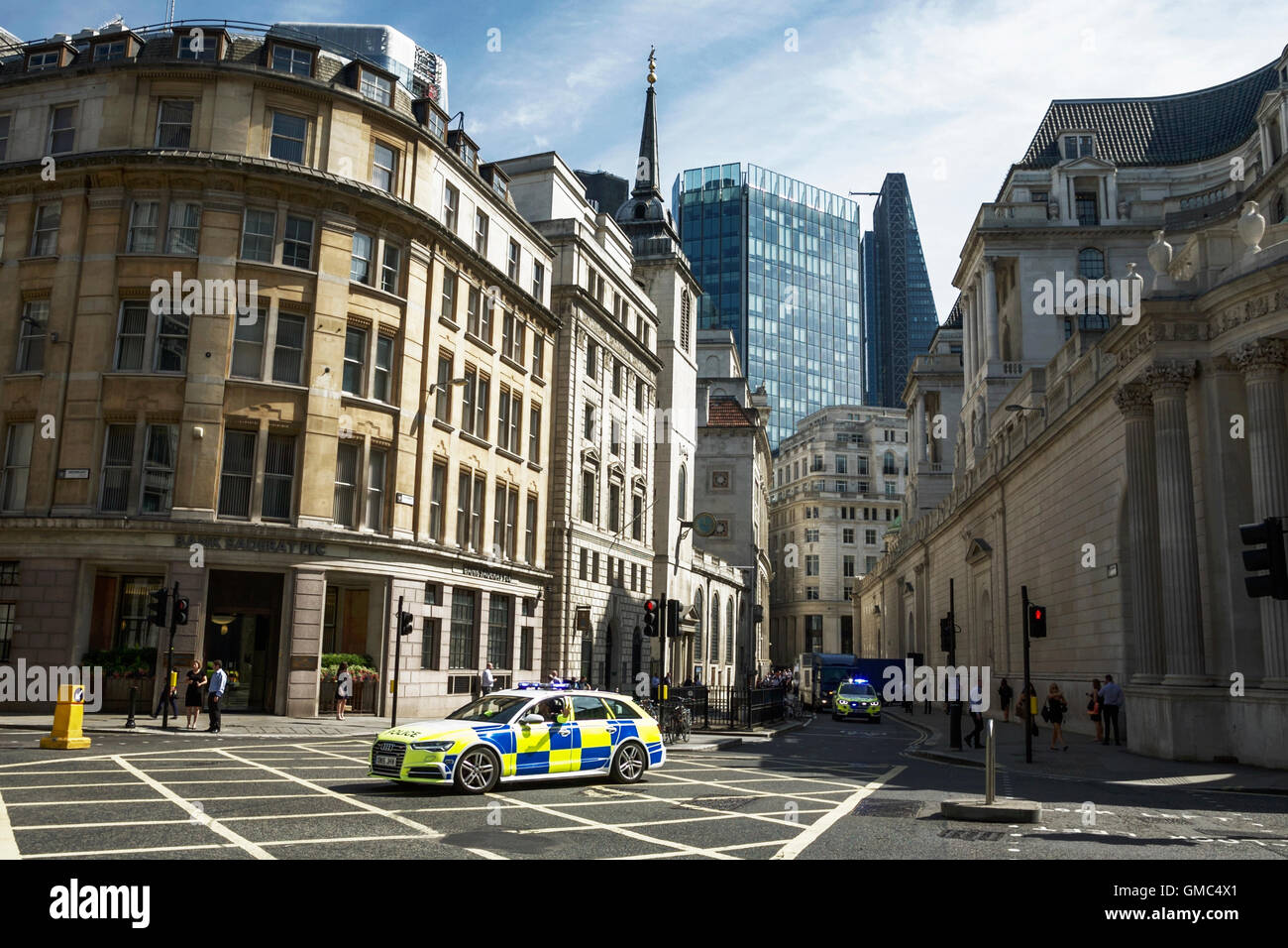 City of London Street scene, City of London police cars, City of London architecture. Stock Photo