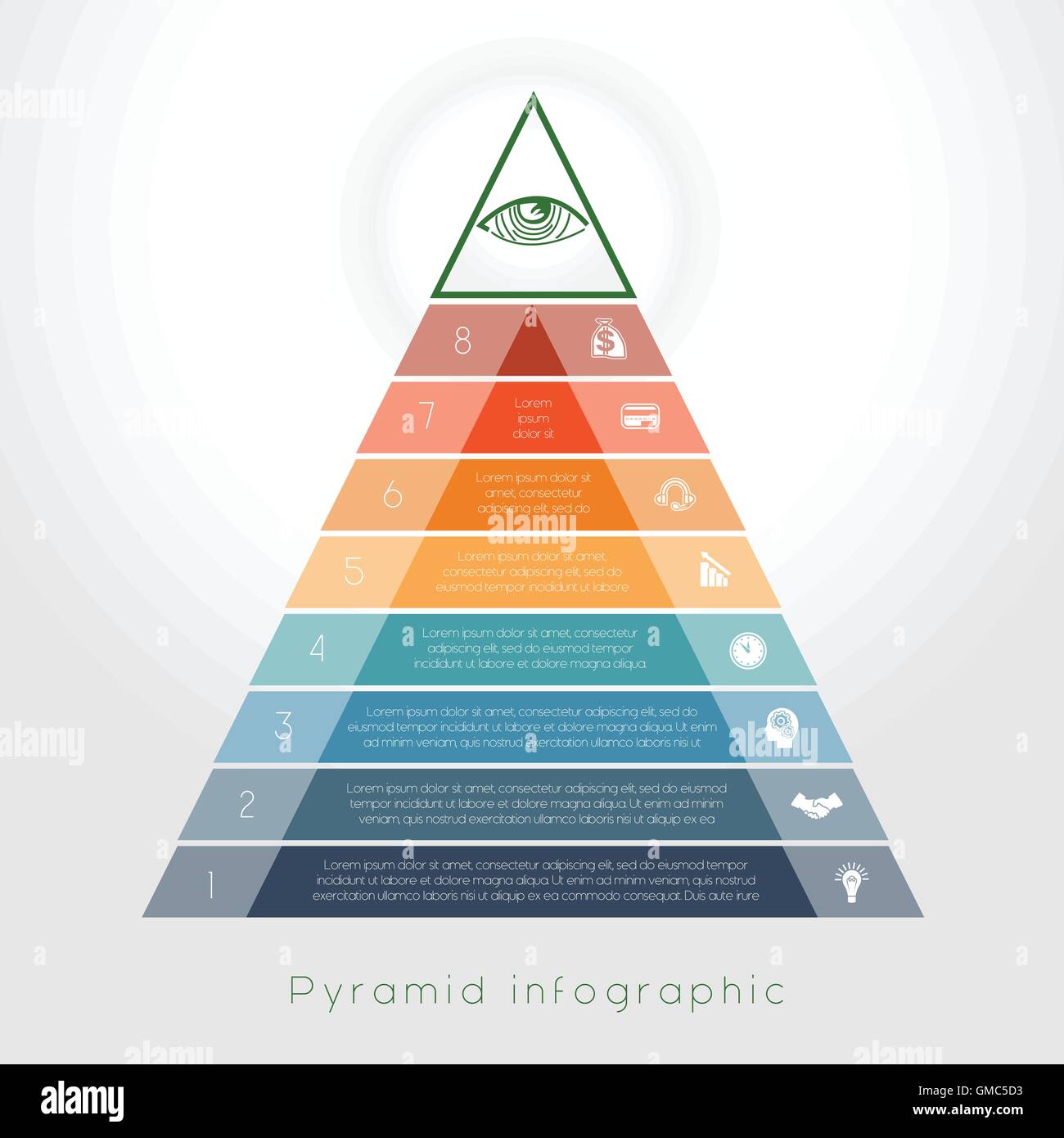 Template Infographic business process colorful pyramid for eight text area Stock Vector