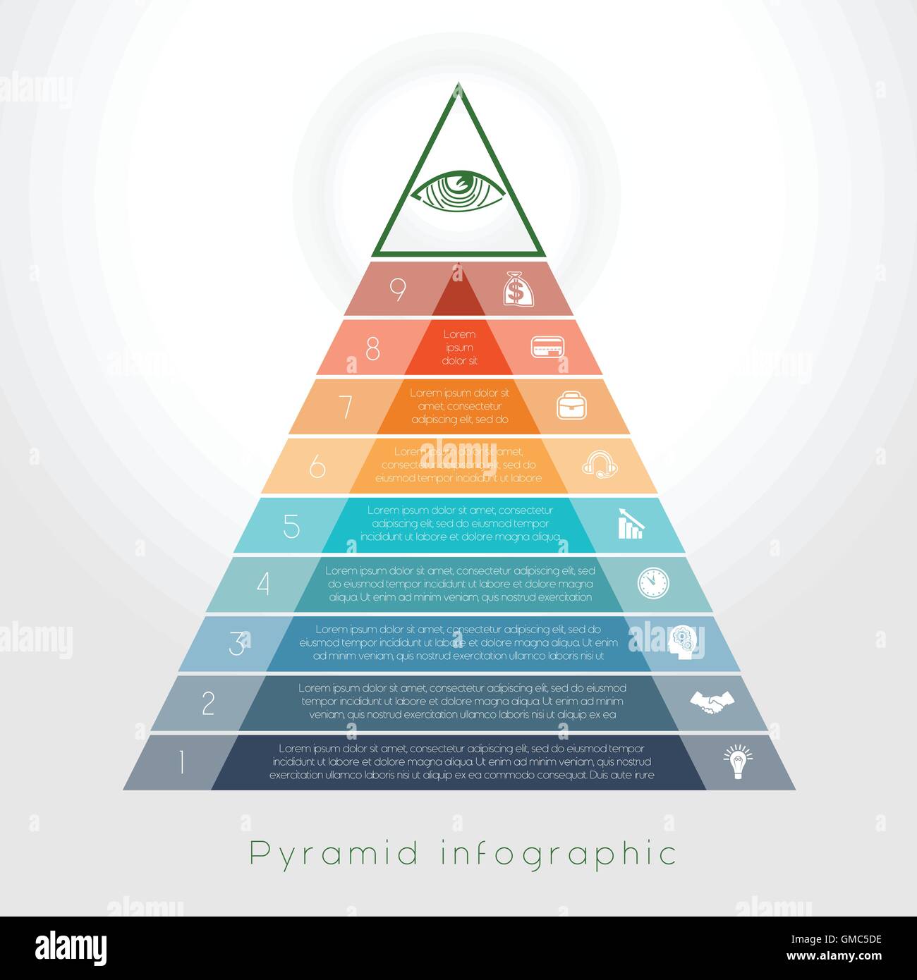 Template Infographic business process colorful pyramid for nine text area Stock Vector