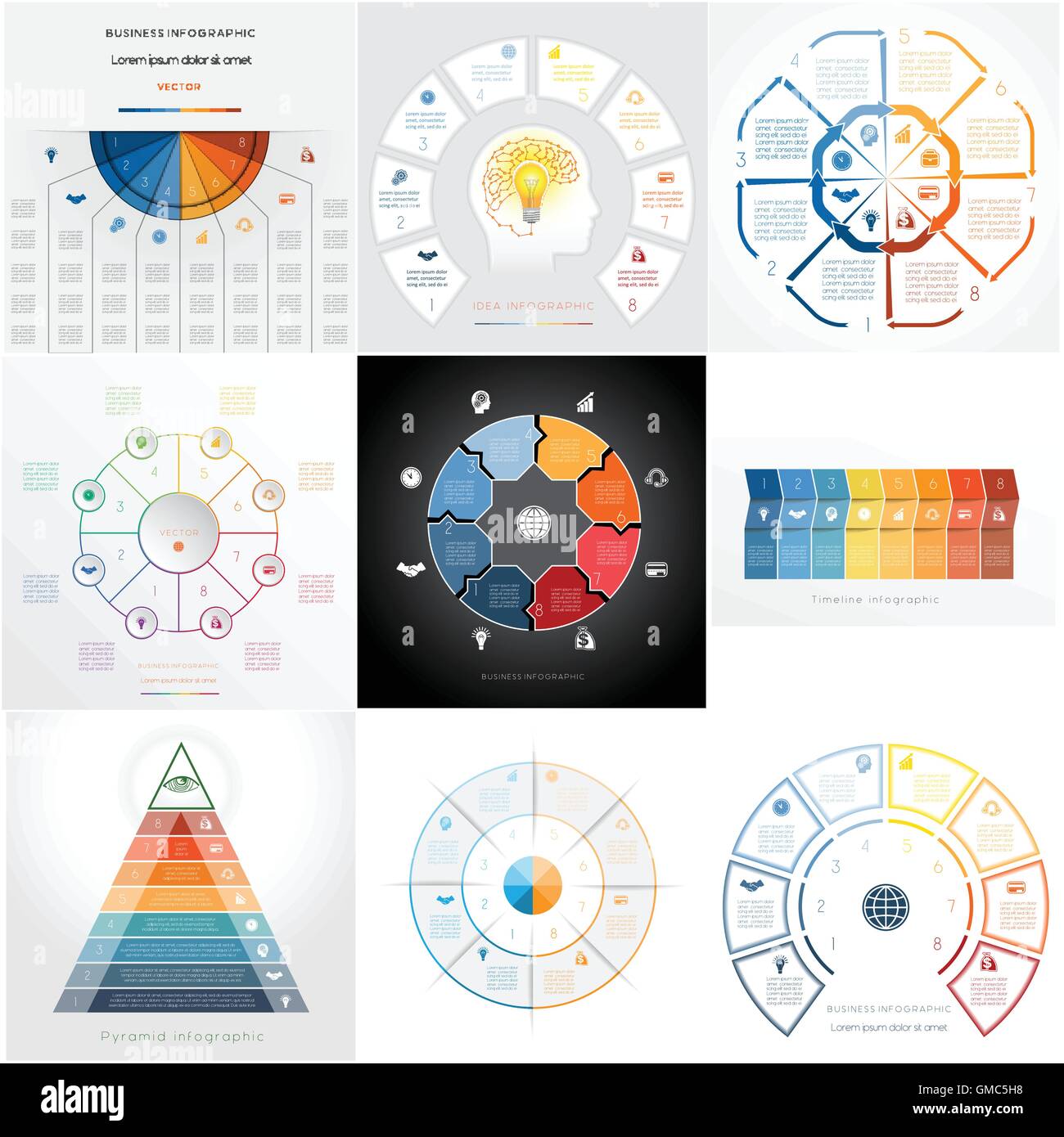 Templates Infographics, text area for eight positions possible to use for work flow, banner, diagram, web design, time line Stock Vector