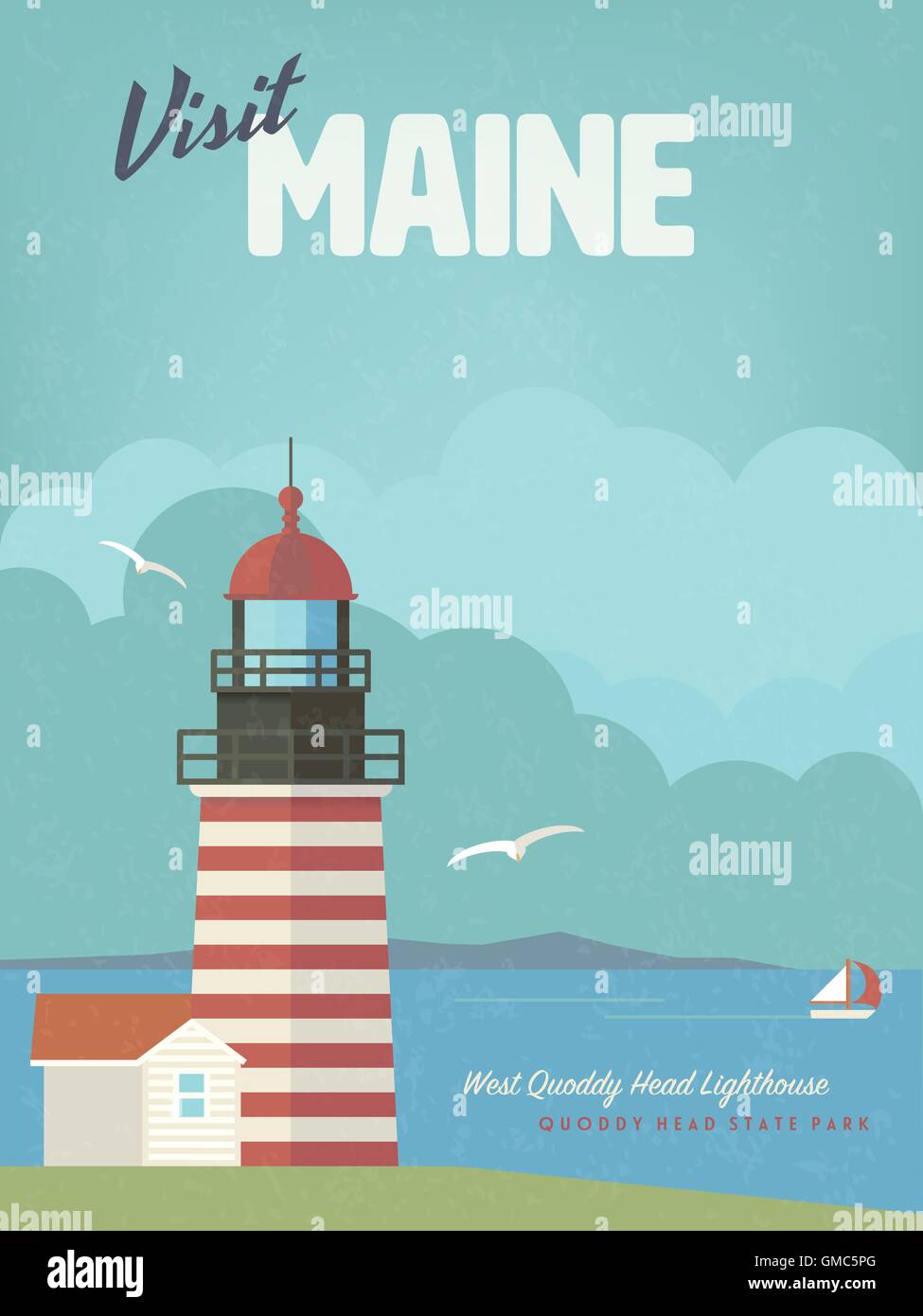Retro Maine Holidays flat design poster or greeting card with West Quoddy Head lighthouse at Cobscook Bay Stock Vector