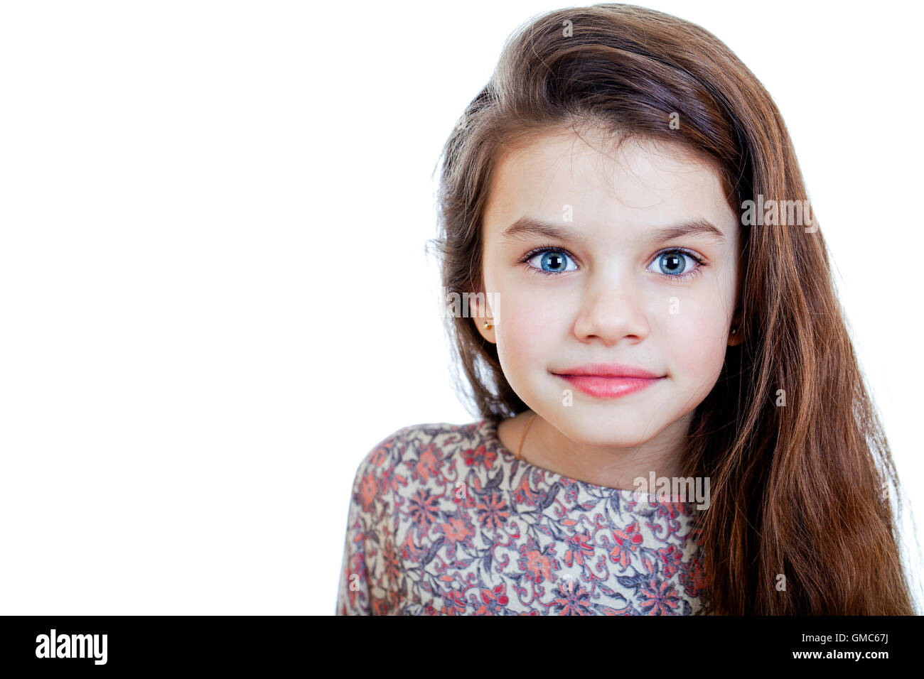 Portrait of beautiful little girl, studio on white background ...