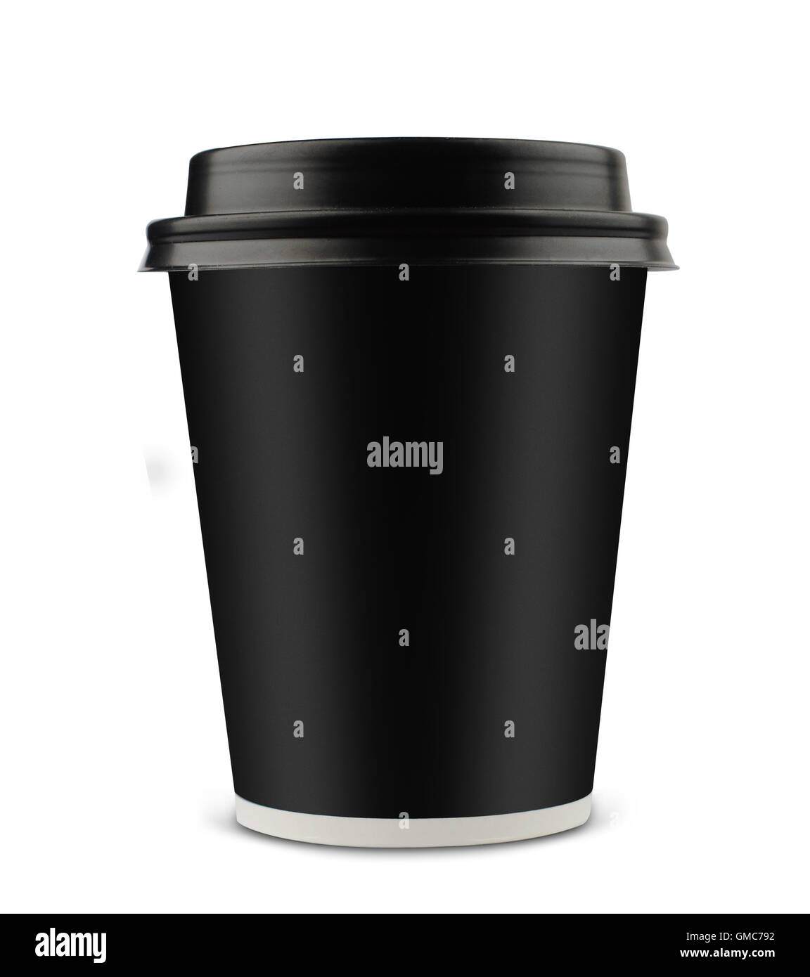 front view of a black coffee cup with black lid isolated on white ...