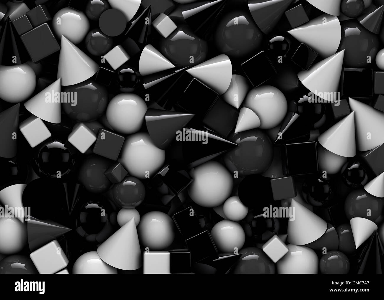 3d illustration texture with black and white geometric shapes, cones, cubes and spheres Stock Photo