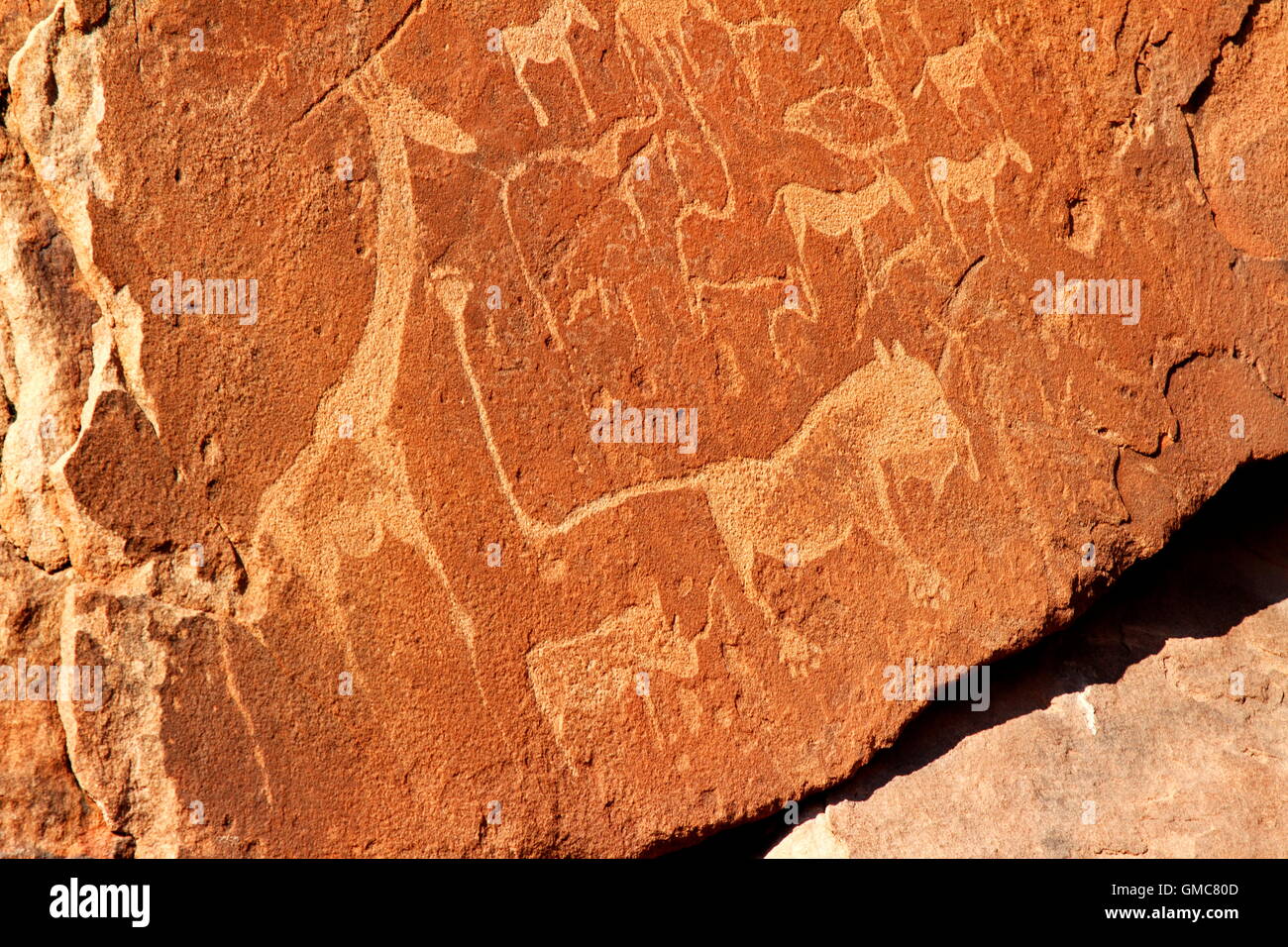 Ancient bushman rock drawings, 2600 years old, Namibia, Africa Stock Photo