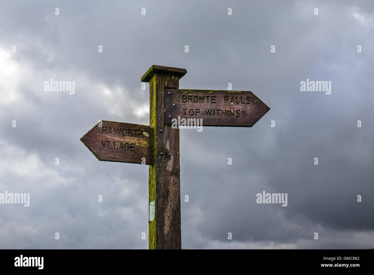Sign post to Bronte falls and top withins farm Stock Photo - Alamy