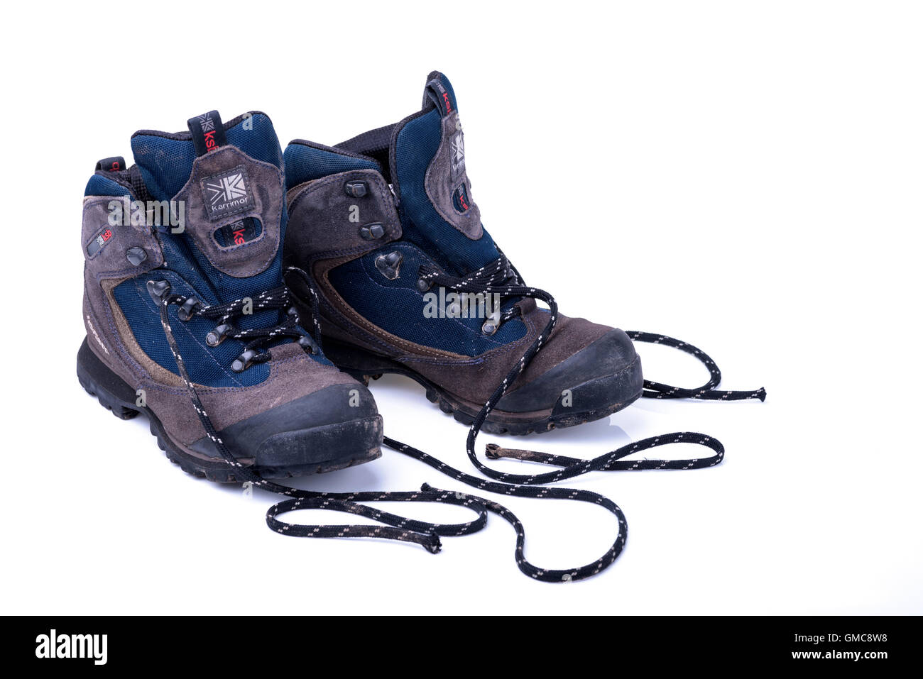 Pair walking boots isolated on white background. Stock Photo