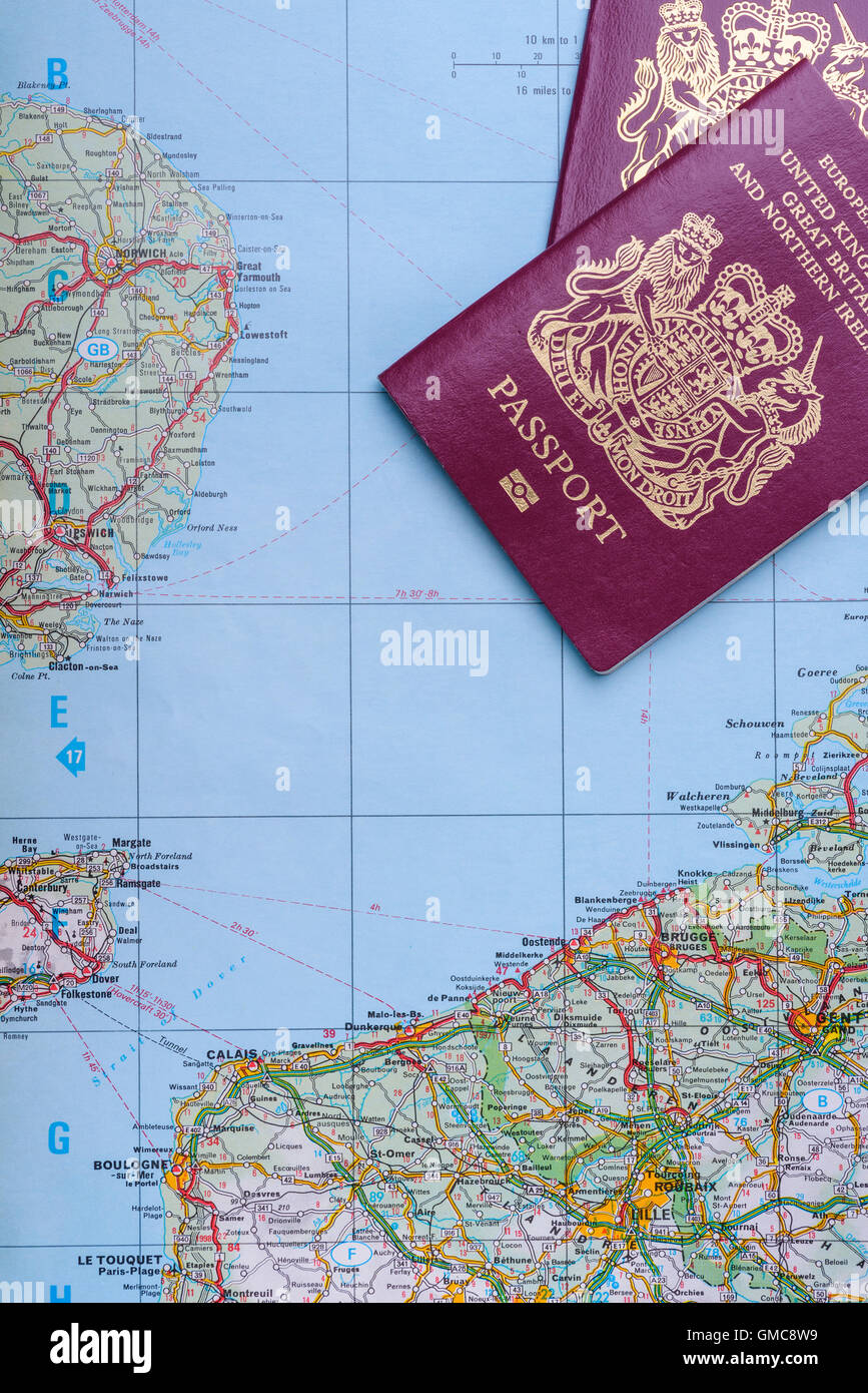United kingdom passports on european map. Stock Photo