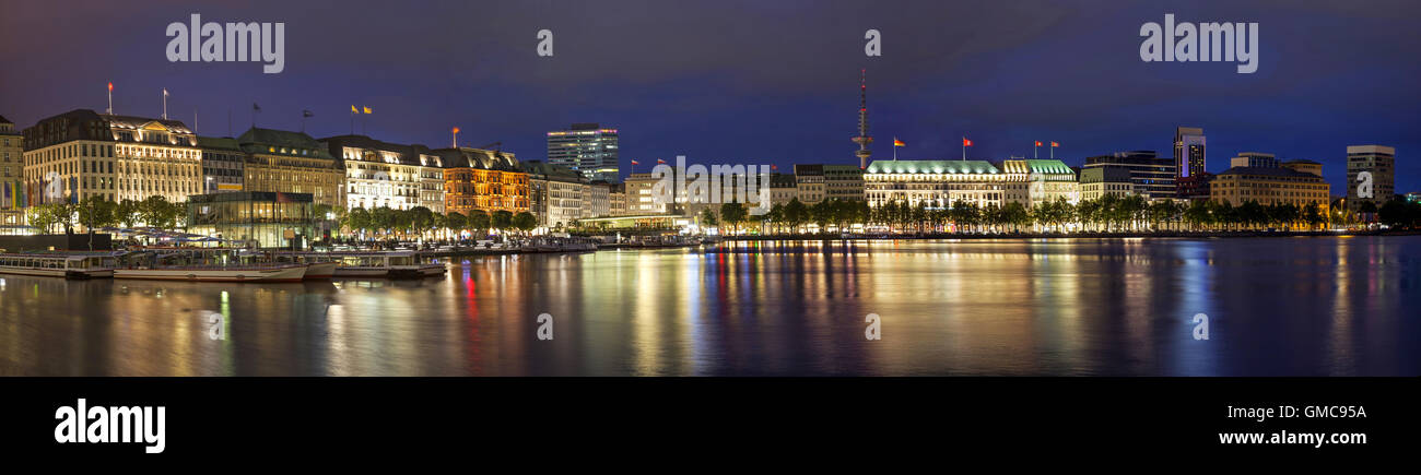 Evening panorama of Hamburg from Alster lake, Germany Stock Photo