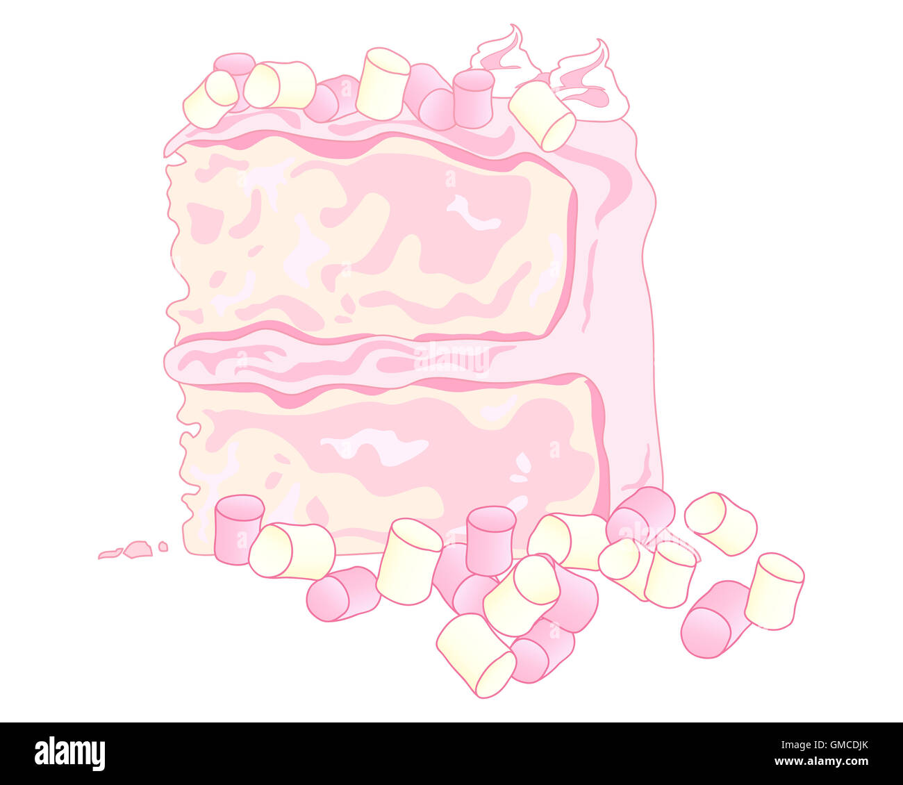 an illustration of a sponge cake with pink butter cream and marshmallow decoration on a white background Stock Photo