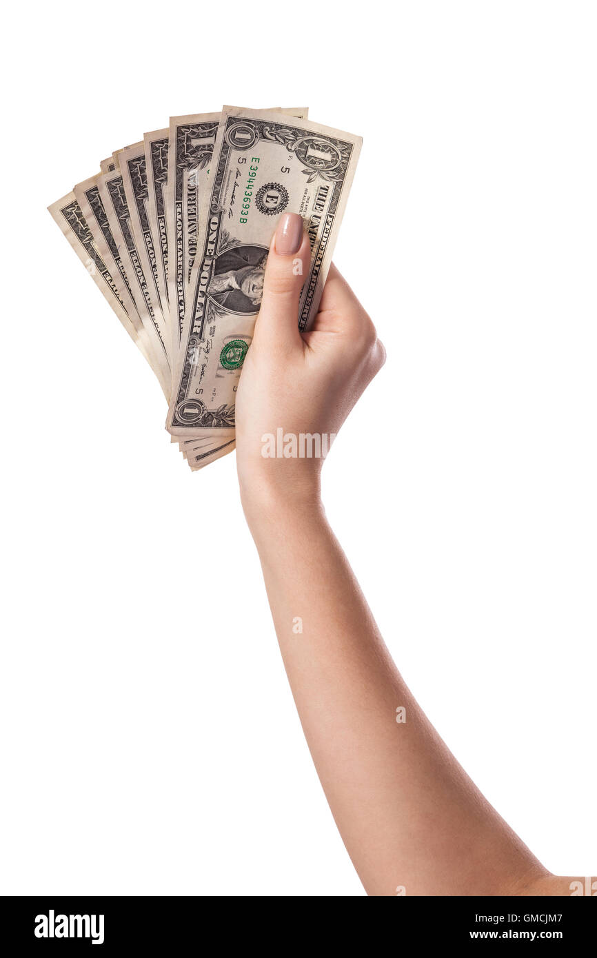 Female hand holding money dollars isolated on white background Stock