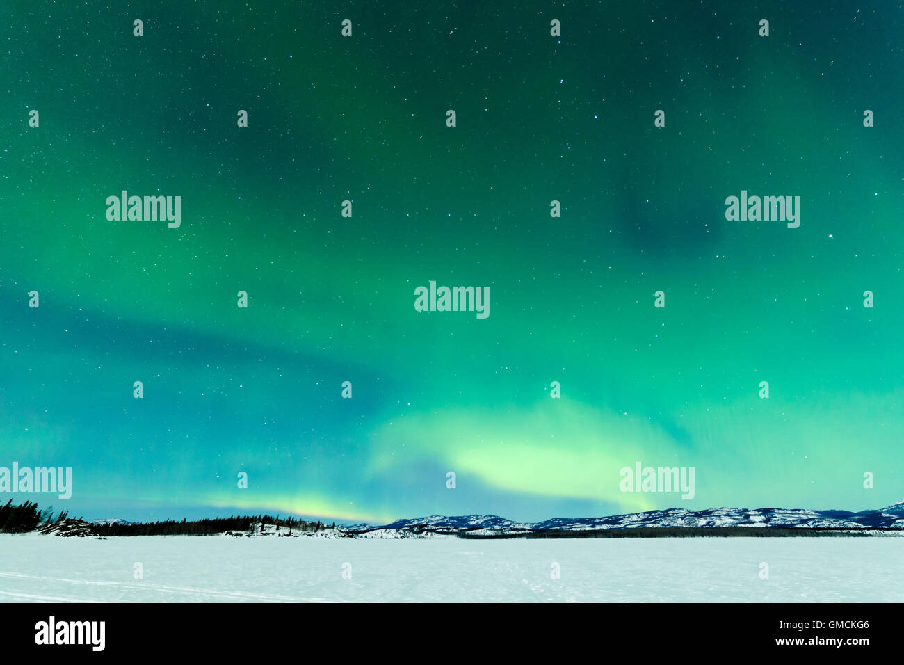 Northern Lights over moon lit frozen Lake Laberge Stock Photo - Alamy
