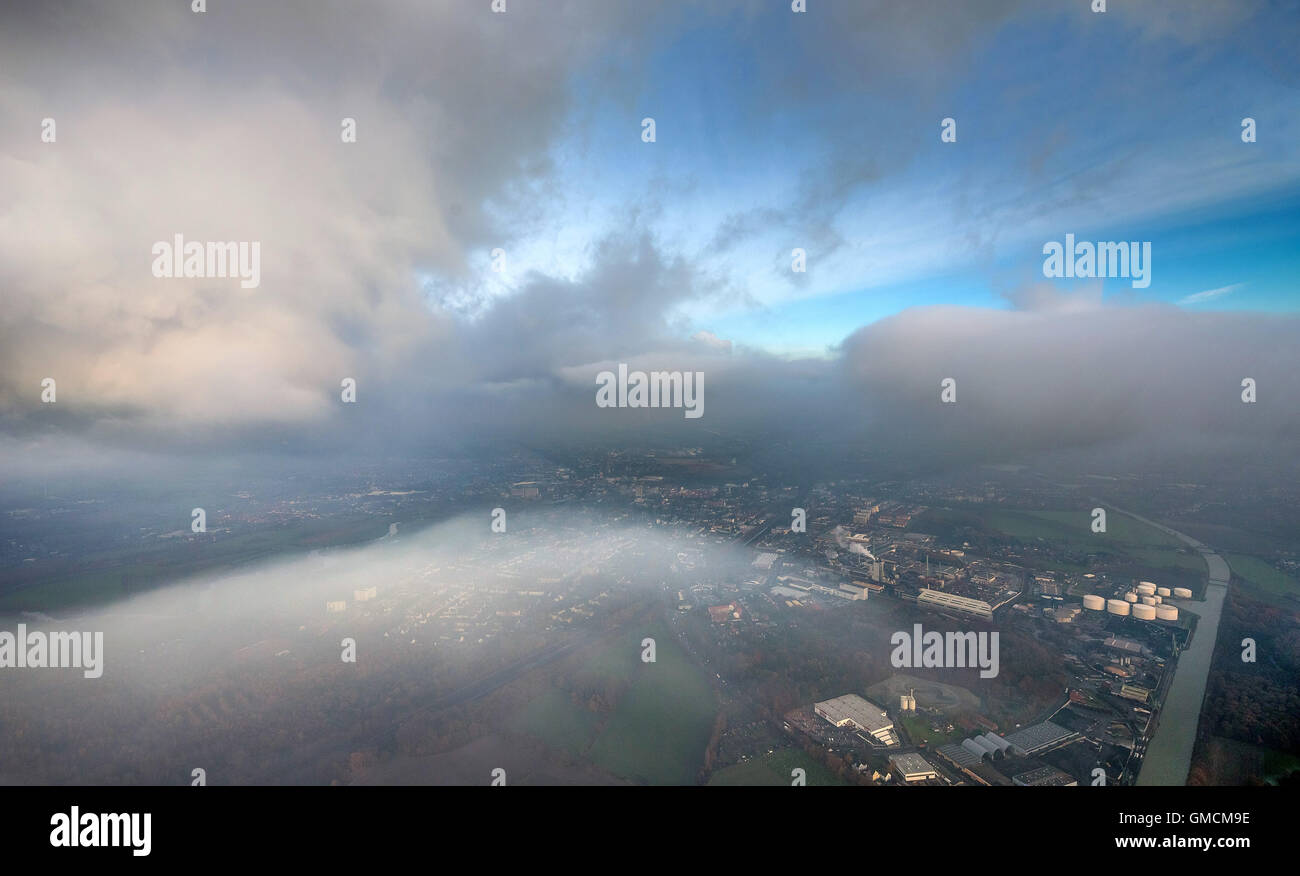 Aerial view, stratus, stratocumulus, overlooking Luenen by the low cloud cover, Aerial view of Luenen, Ruhr, Stock Photo