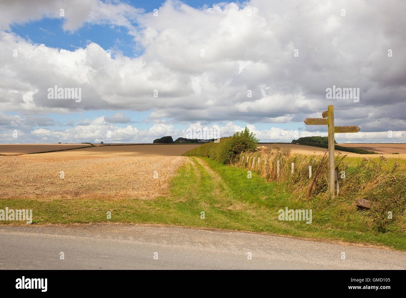 A wooden sign post for a country footpath in the agricultural landscape of the Yorkshire wolds in summertime. Stock Photo