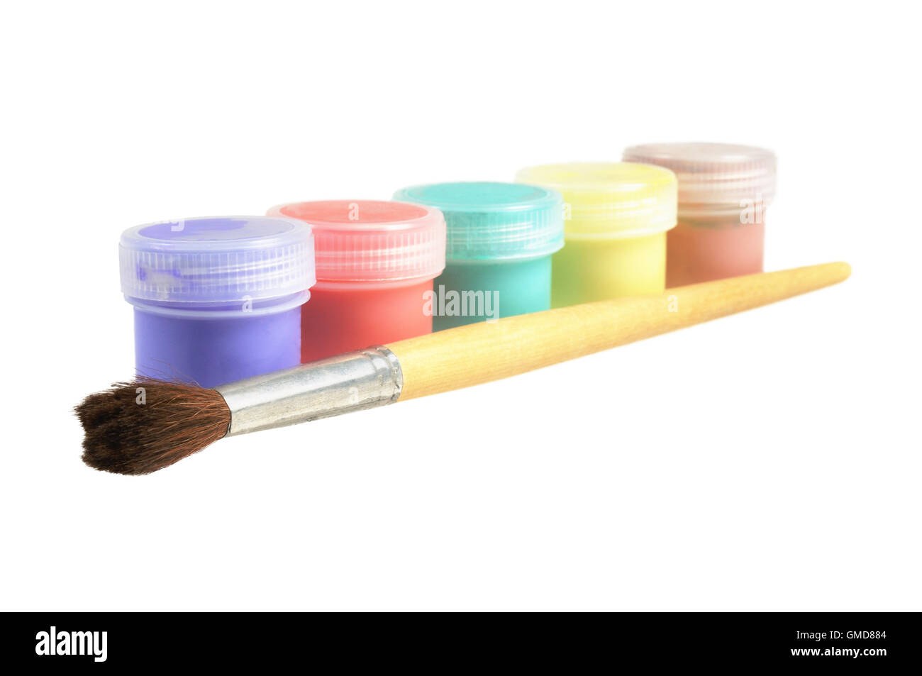 Five cans of paint and brush Stock Photo Alamy