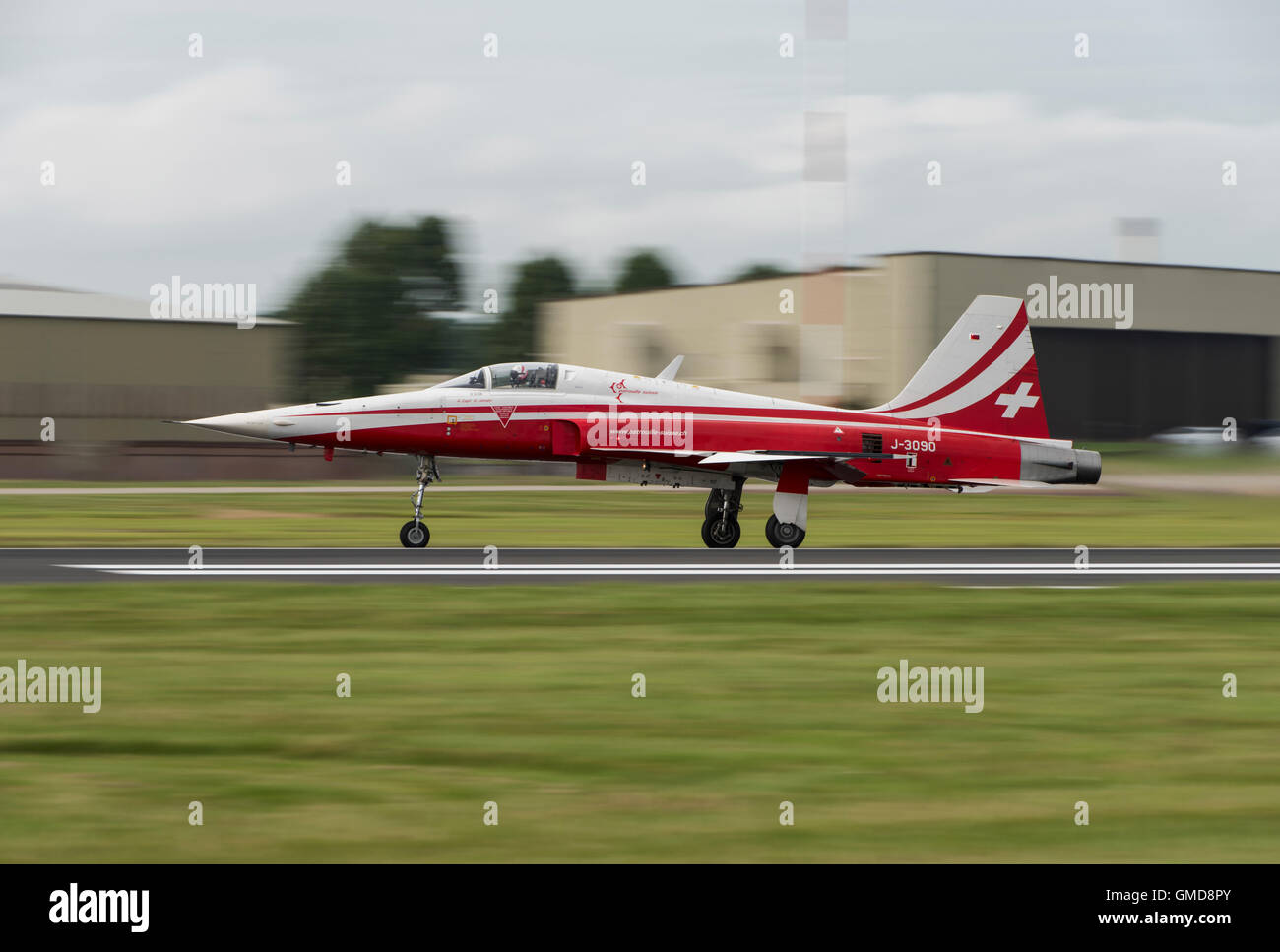 A sleek Northrop F-5E Tiger II from the Swiss Air Force aerobatic display team The Patrouille Suisse lands at Fairford Stock Photo