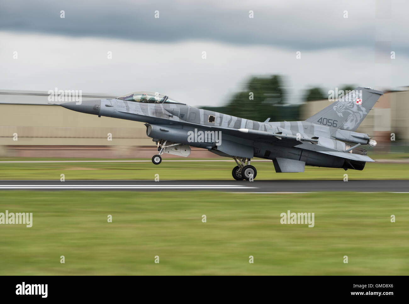 General Dynamic Lockheed Martin F-16C Fighting Falcon Military Jet Fighter 4056 of the Polish Air Force lands at the RIAT Stock Photo