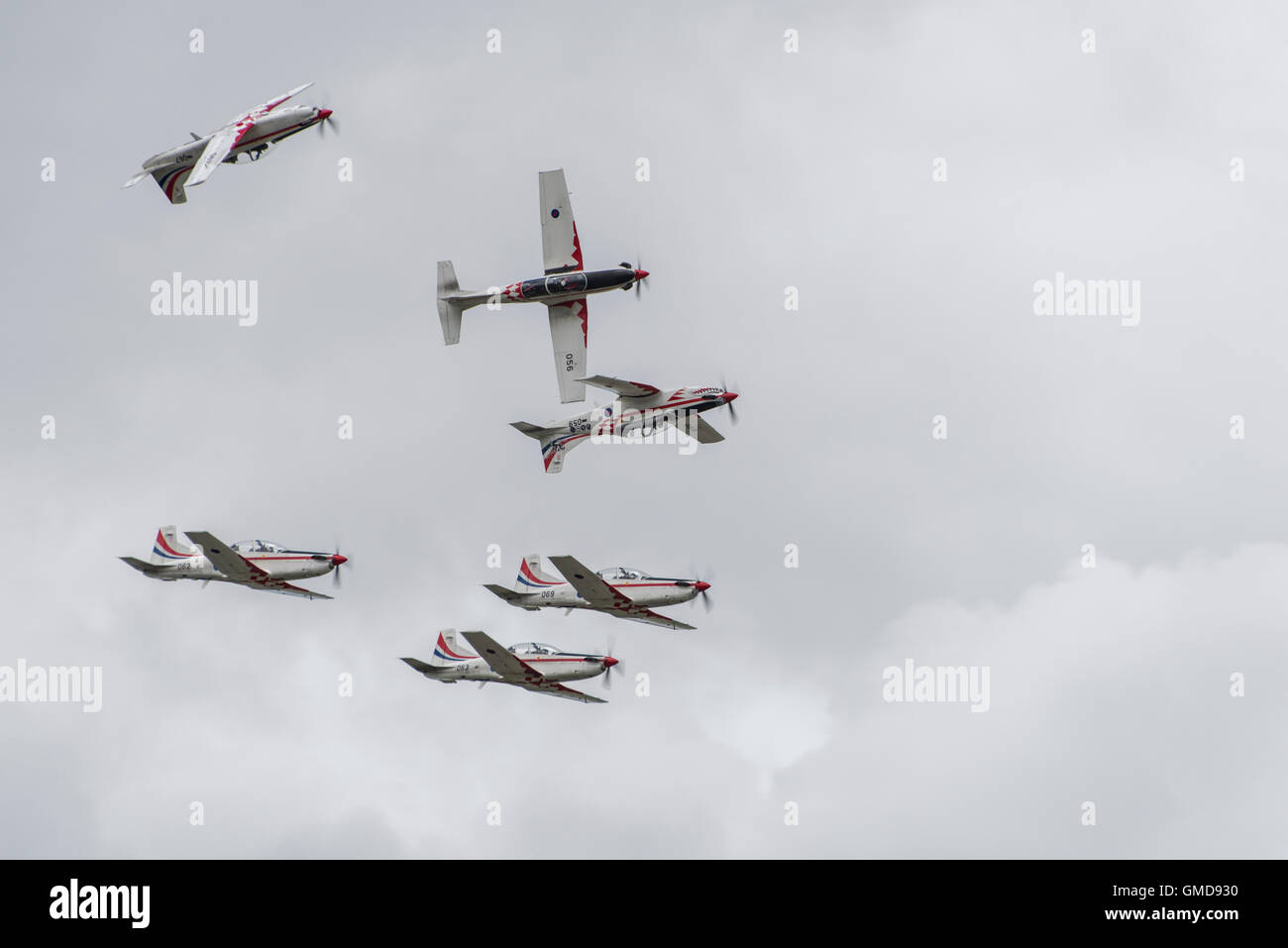 The Croatian Air Force Military Aerobatic Display Team Krila Oluje fly their Pilatus PC-9M turboprop trainers at the 2016 RIAT Stock Photo