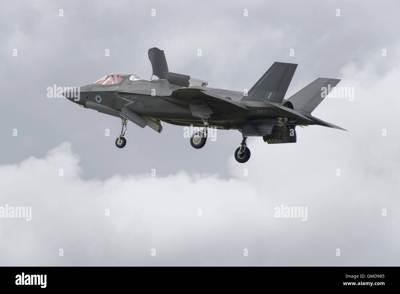The United Kingdom's first 5th generation fighter jet, the Lockheed F-35B Lightning II demonstrates it's hovering ability Stock Photo