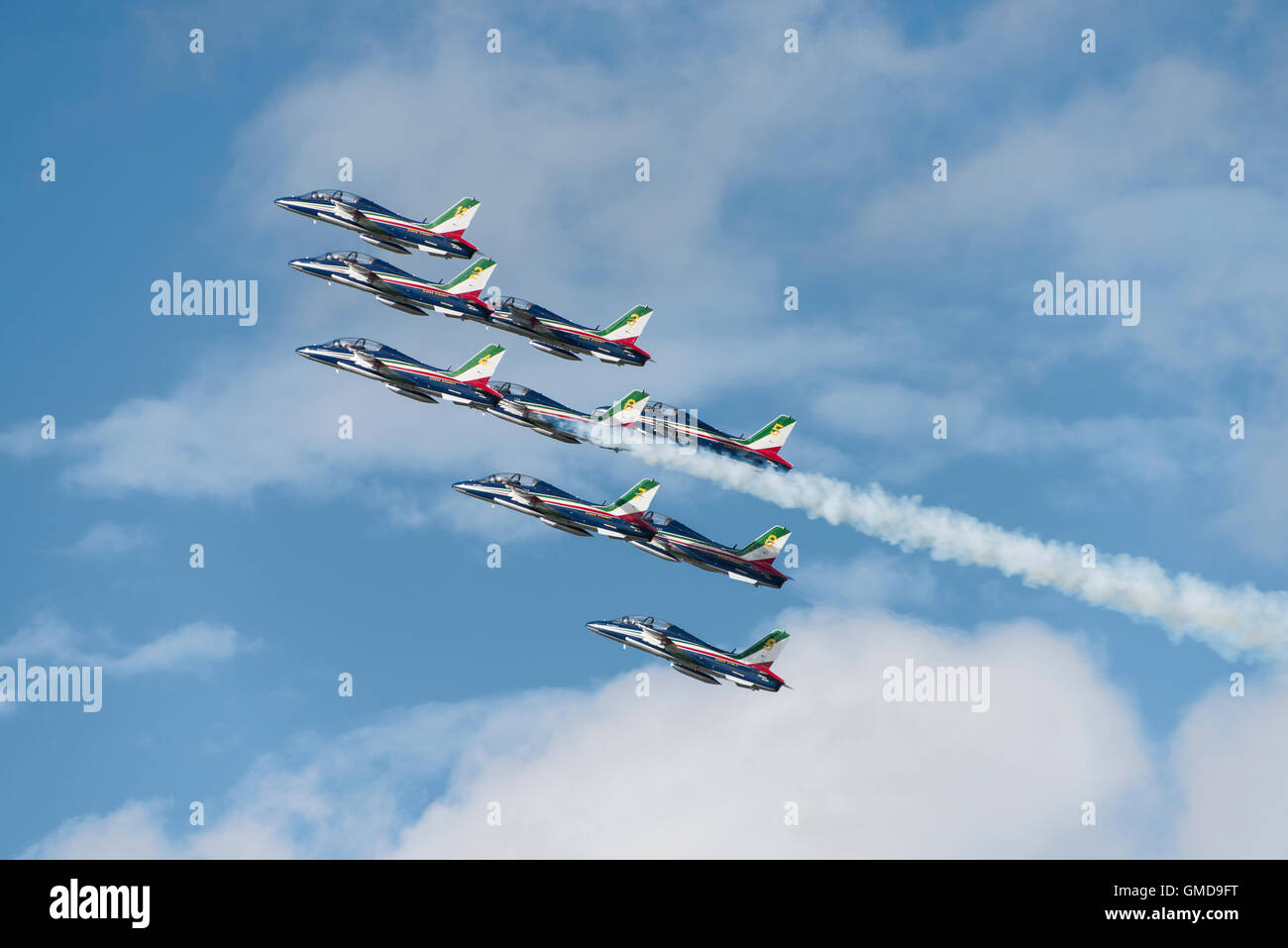 The Italian aerobatic display team Frecce Tricolori display some precision flying during their superb routine at the 2016 RIAT Stock Photo