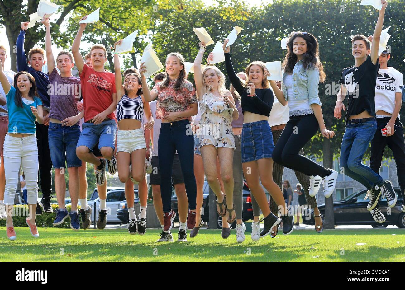 Pupils celebrate after receiving their GCSE results at Brighton College ...