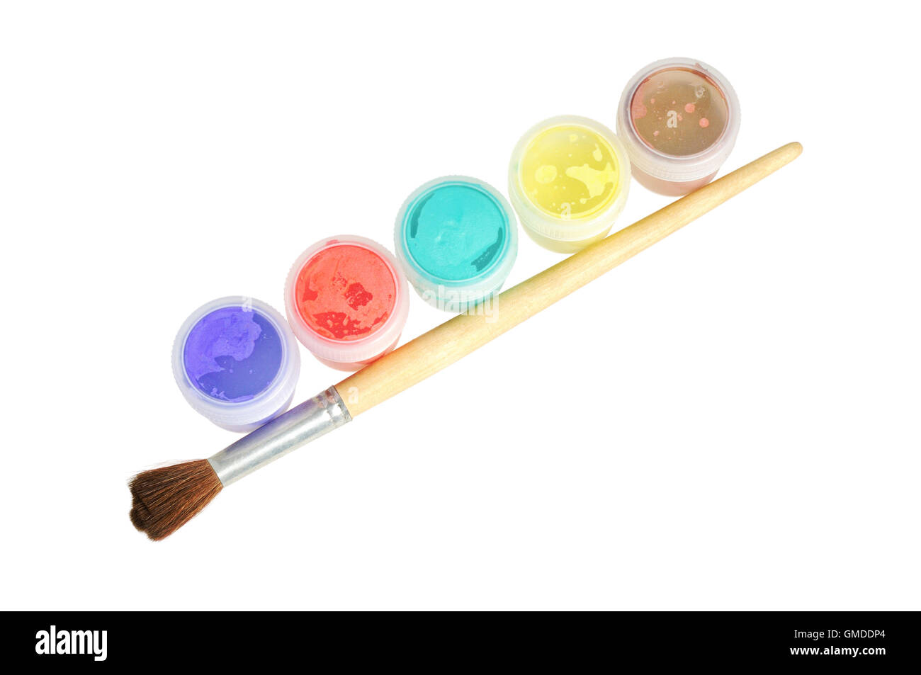 Five cans of paint and brush Stock Photo Alamy