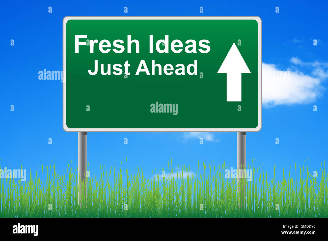Fresh ideas road sign on sky background, grass underneath. Stock Photo