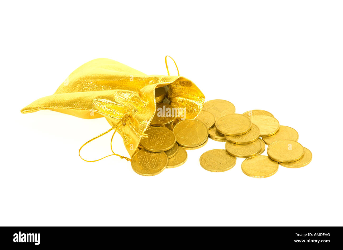 Money coins in golden bag isolated on white Stock Photo - Alamy