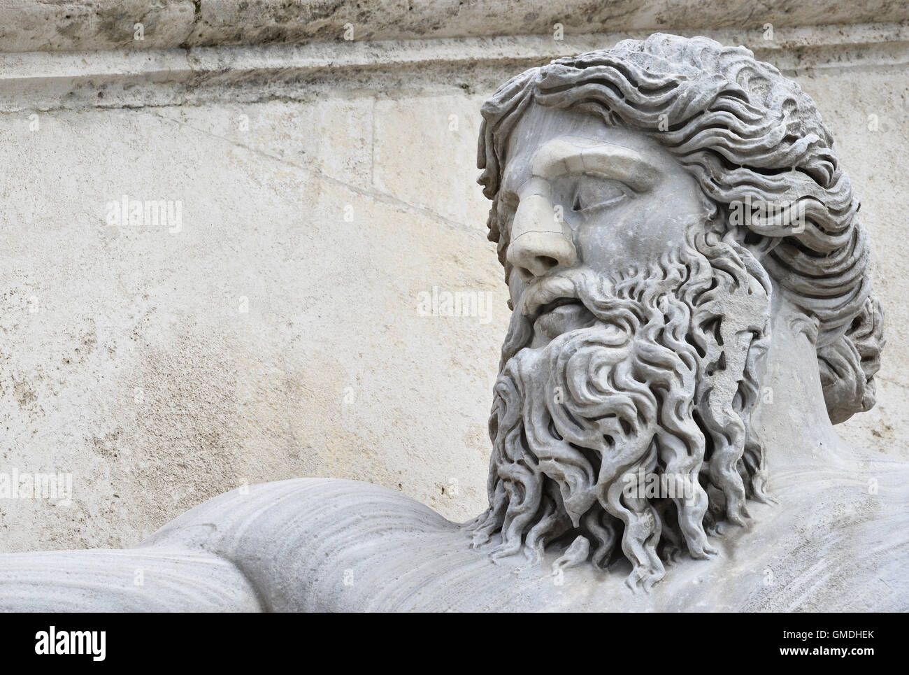 Marble head of River Nile god ancient roman statue, in Capitol Square, Rome Stock Photo