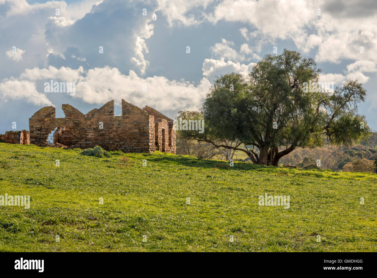 Ruins of an old homestead sits in a farm yard in South Australia's Adelaide Hills Stock Photo